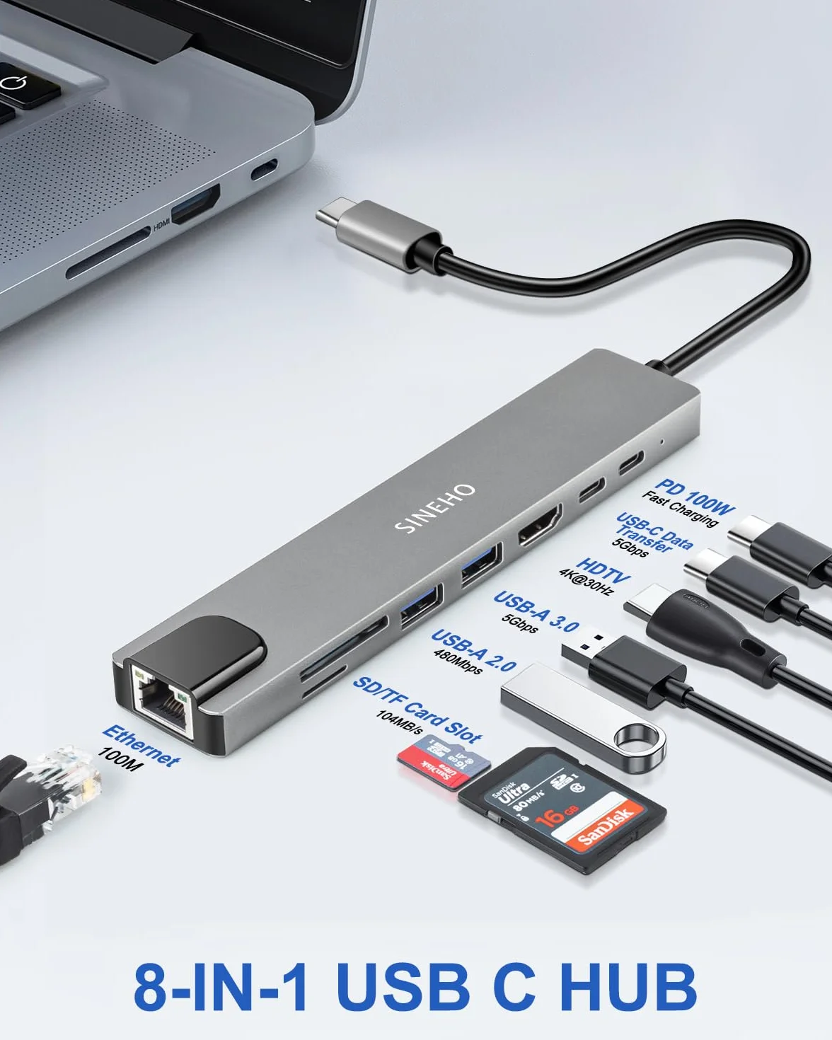 Hub USB C 8 w 1 HDMI 4K 30 Hz PD 100 W USB 3.0 Ethernet czytnik kart SD/TF MacBook Dell XPS Surface Pro