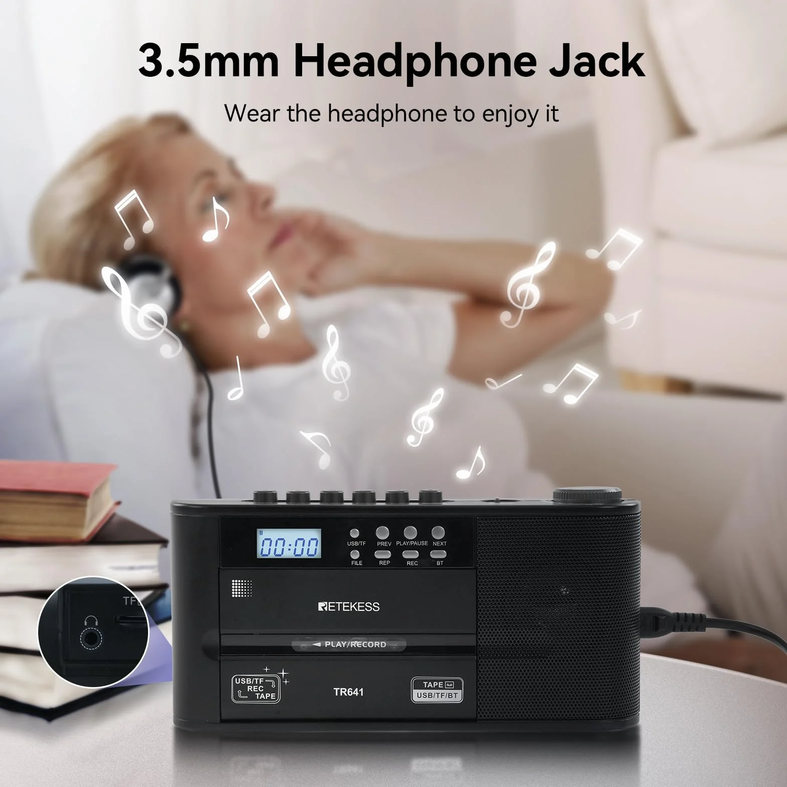 Retekess TR641 Przenośne Radio,Taśmowe Odtwarzacz,FM AM,Karta USB/TF,Połączenie Bezprzewodowe,Operacja Baterii lub Zasilanie Prądu Przemiennego,Używane do Odtwarzania Starej Taśmy