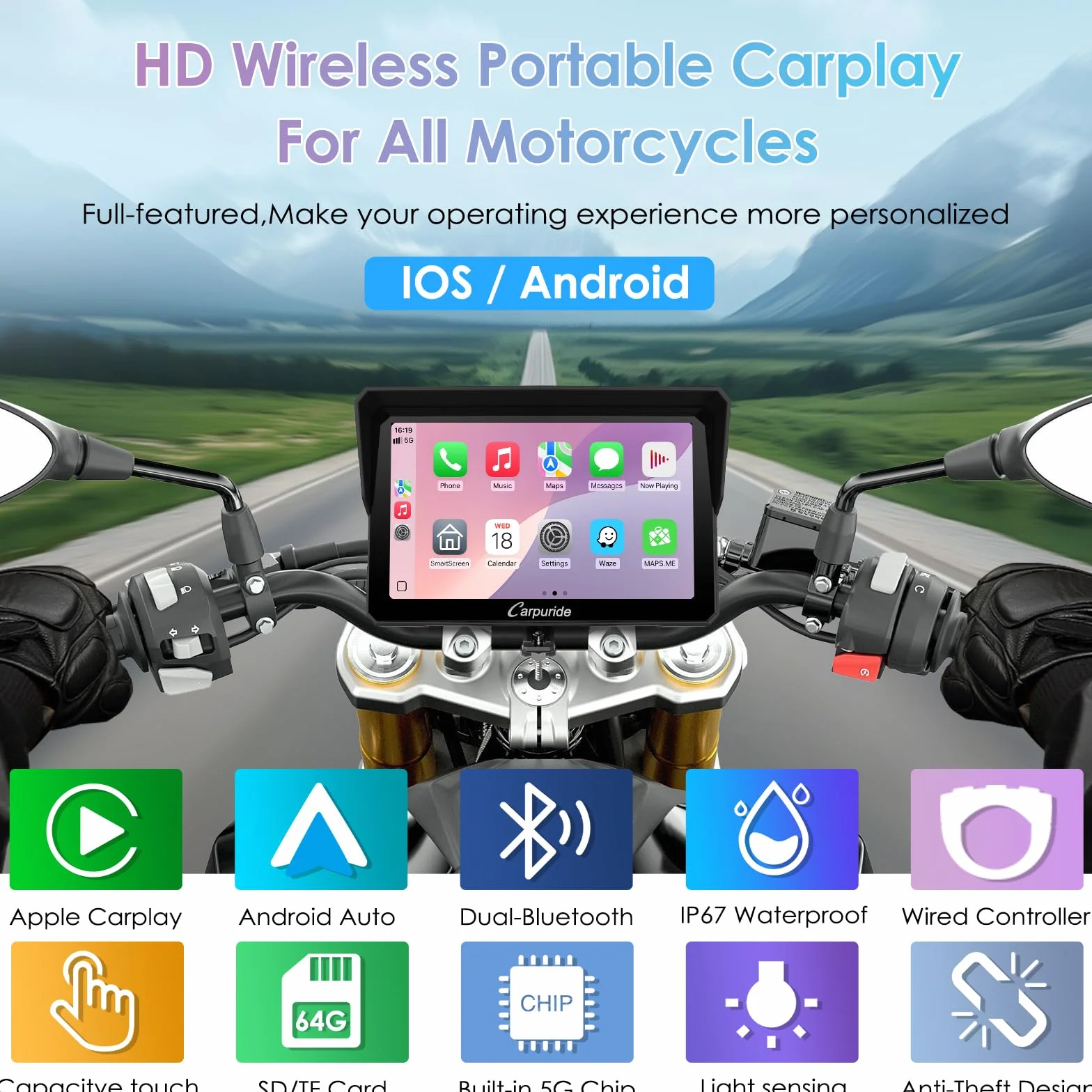 CARPURIDE W702S Moto Carplay ekran z uchwytem BM05 do Plug and Play, CarPlay i Android Auto, przenośny 7-calowy wodoodporny ekran dotykowy, kontroler przewodowy, nawigacja.