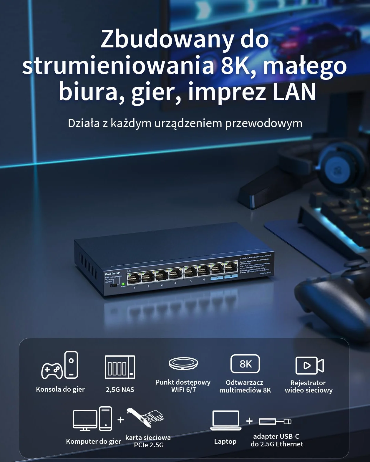 BrosTrend Przełącznik 2,5 Gb, niezarządzany 8-portowy przełącznik Ethernet 2,5 Gigabit obsługujący agregację statycznych łączy i VLAN, rozdzielacz Multi Gig do gier, NAS, PC, dożywotnia gwarancja