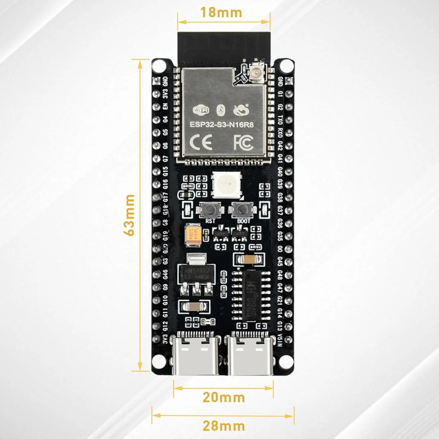 diymore do modułu ESP32-S3 DevKitC-1 N16R8, tablica rozszerzeń do tablic programistycznych do ESP32 S3 1-N16R8 tablica rozwojowa z WiFi, Bluetooth 5.0, antena USB C z możliwością podłączenia