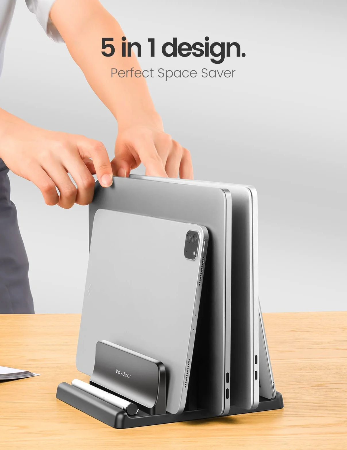 VAYDEER pionowy stojak na laptopa, regulowany i wszechstronny z 3 rowkami. Kompatybilny z Macbook/Pro, Mac, iPadem i laptopem. Elegancki czarny design