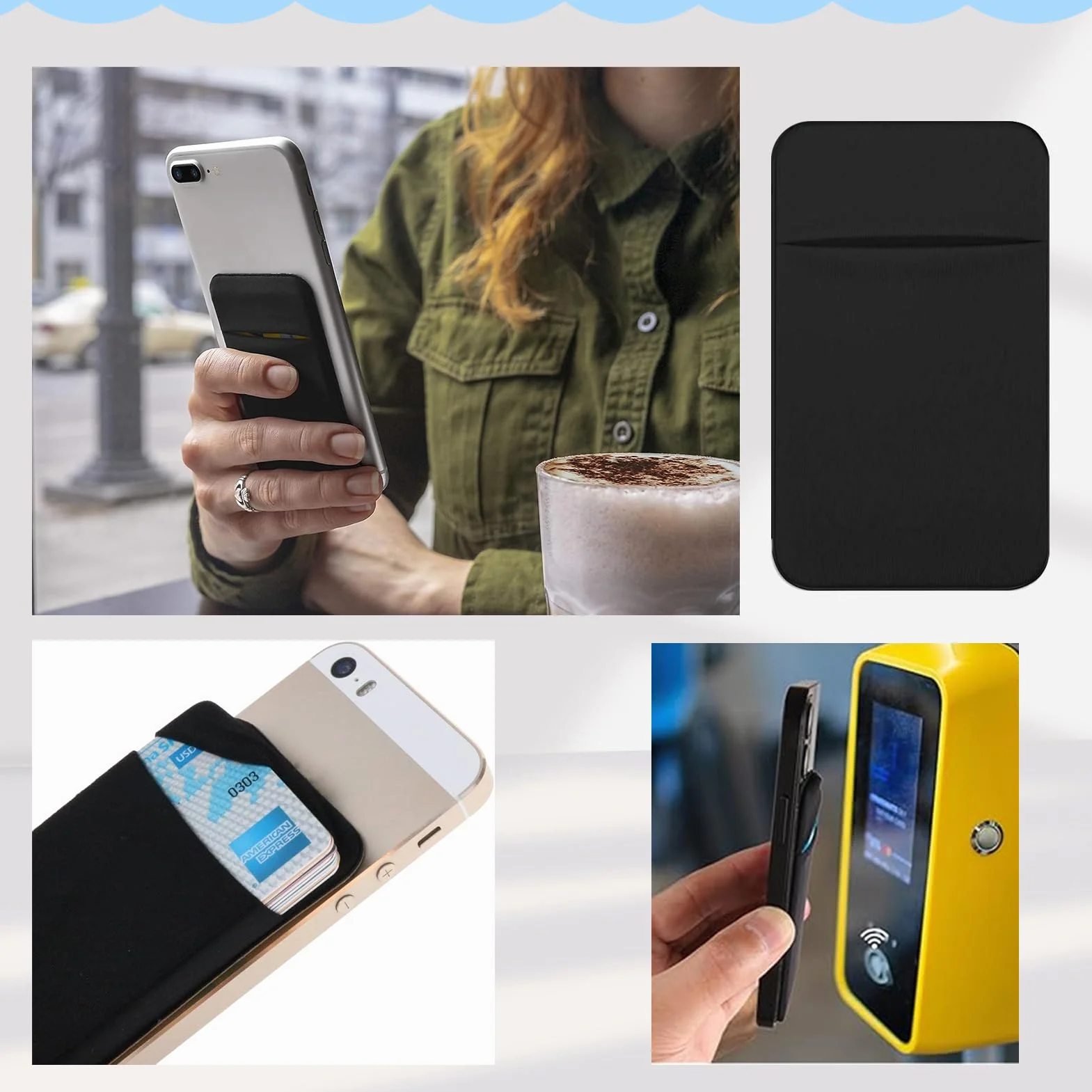 Zestaw 3 etui na karty na telefon komórkowy z naklejką, elastyczny uchwyt na karty samoprzylepne z klapką, elastyczna kieszeń z tkaniny na dowód osobisty, kartę kredytową