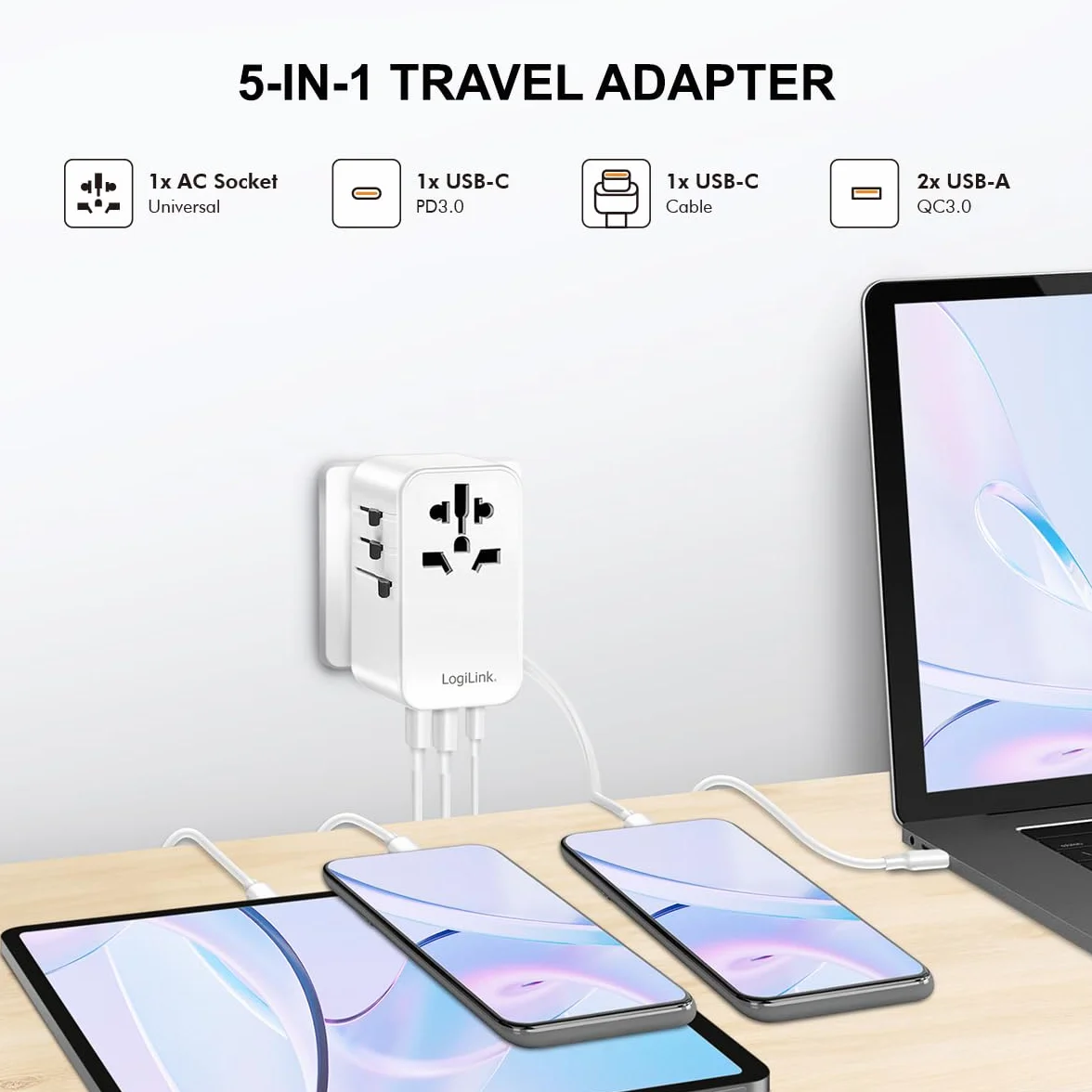 LogiLink PA0357 - uniwersalny zasilacz podróżny z 10 rodzajami wtyczek do >200 krajów, 70 W i PD (PowerDelivery) i QuickCharge, 3 x porty USB, ognioodporny