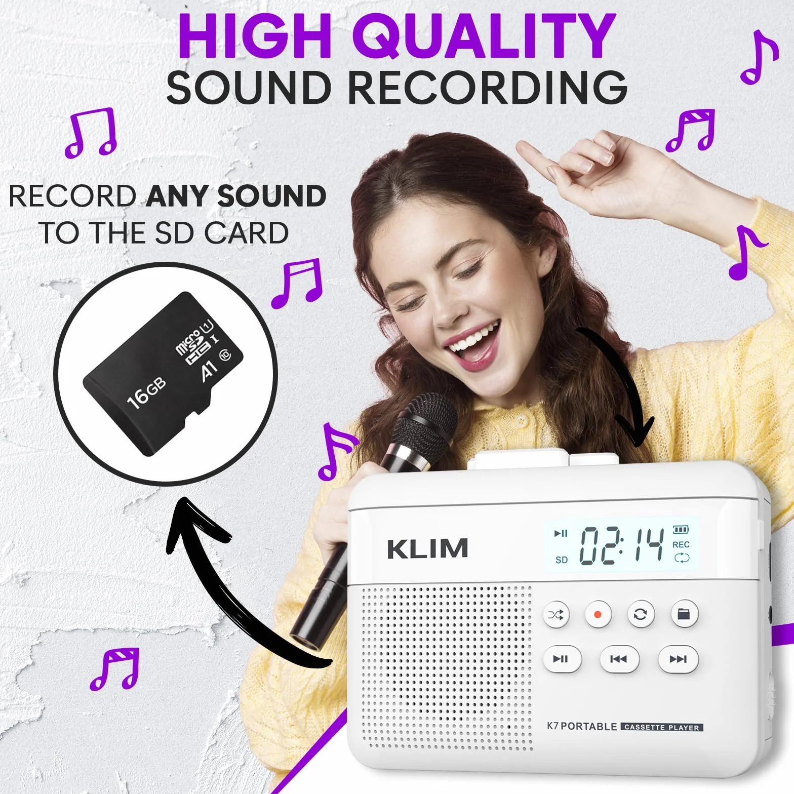 KLIM K7 Magnetofon kasetowy - konwerter kasety na MP3 - przenośny - wbudowany mikrofon i głośnik - akumulator - słuchawki - karta SD 16 GB - biały