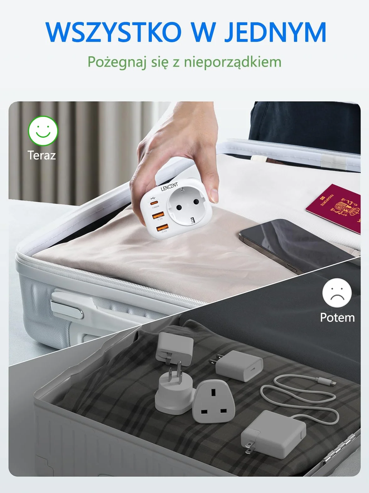 LENCENT 4-w-1 Szybkie ładowanie Adapter Podróżny IN Adapter Indie Wtyczka, Typu-D Wtyczka Podróżna Adapter z 2 USB QC3,0 + 1 Typu C PD 20W, Polski/EU do Sri Lanki, Indii, Nepalu, Biały