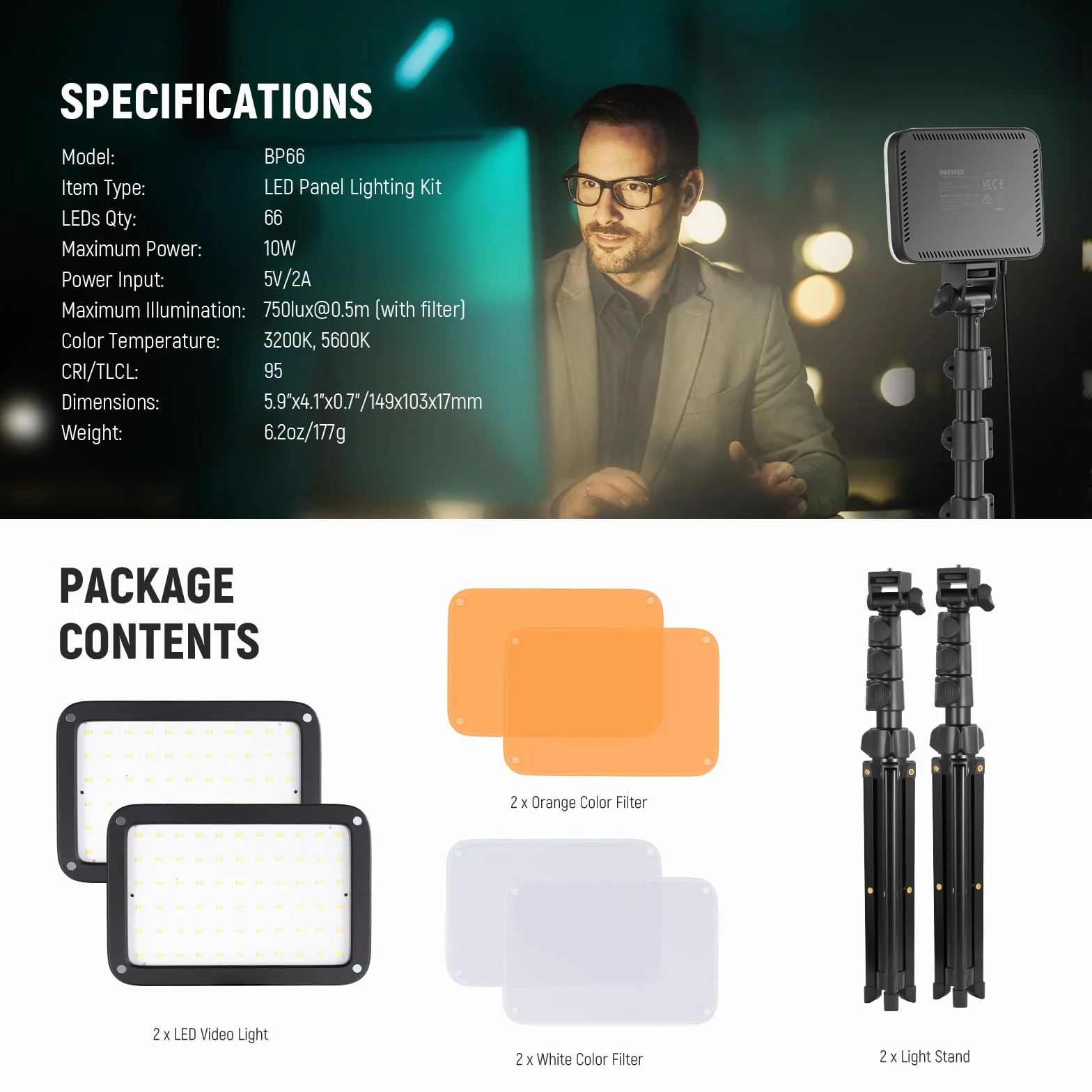 NEEWER Basics Zestaw oświetlenia studyjnego, 2 zestawy dwukolorowych lamp LED ze statywami i filtrami, zmienna intensywność, przenośna, 3200K-5600K, IRC95, 750lux, do fotografii, nagrywania, BP66
