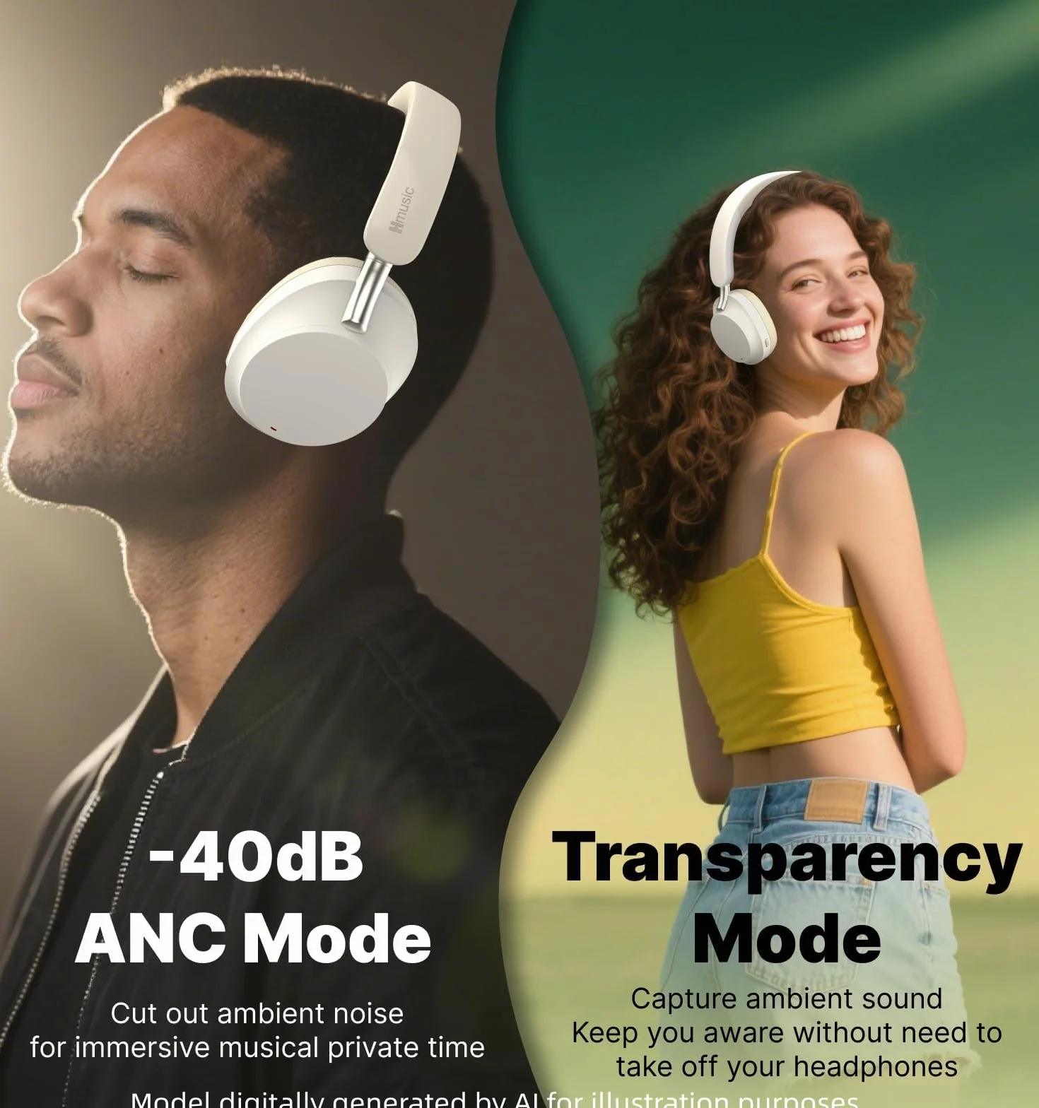 Hmusic MS04 4-Mik Słuchawki Bluetooth ANC, 80H Czas Pracy | Nauszne Słuchawki Bluetooth, Kabel Aux 3.5mm, z Etui, Białe Składane Słuchawki Bezprzewodowe do Gry/Podróży/Pracy/Dojazdów