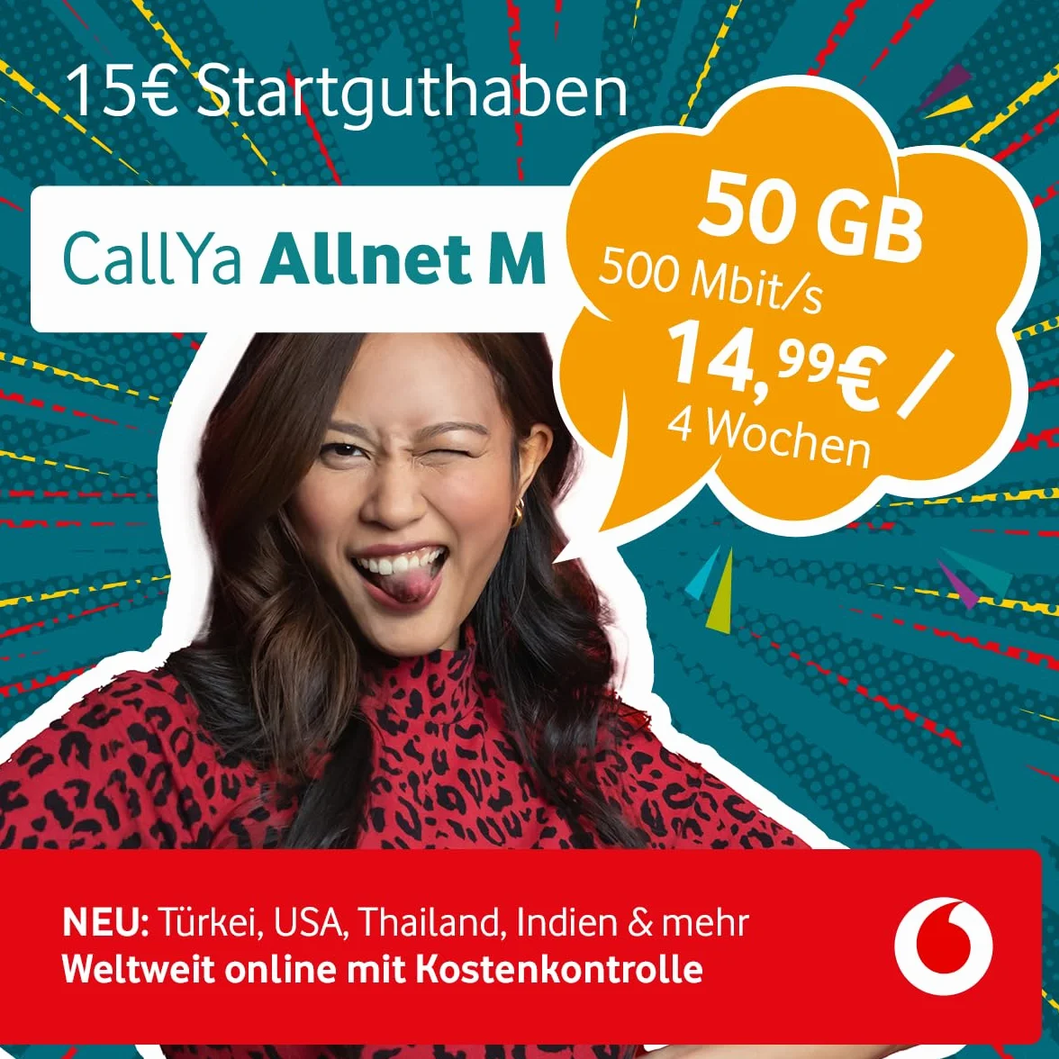 Vodafone Prepaid CallYa M | 50 GB | 15 EUR środków startowych | bez umowy | sieć 5G | telefon - SMS-Flat | Roaming EU