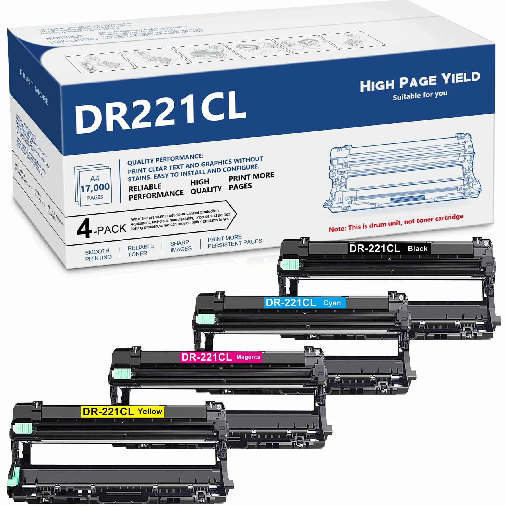 (17 000 stron) DR-221CL DR221CL zestaw perkusyjny kompatybilny zamiennik dla drukarki Brother DR221CL bęben 4-pak DCP-9020CDN HL-3140CW MFC-9130CW 9140CDN drukarka, 1BK+1C+1M+1Y (nie zawiera toneru)