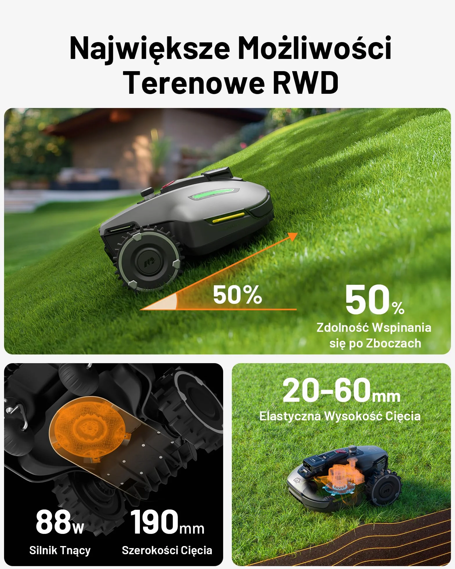 MAMMOTION YUKA mini Robot koszący UltraSense AI Vision RTK nachylenie 45% automatyczne mapowanie