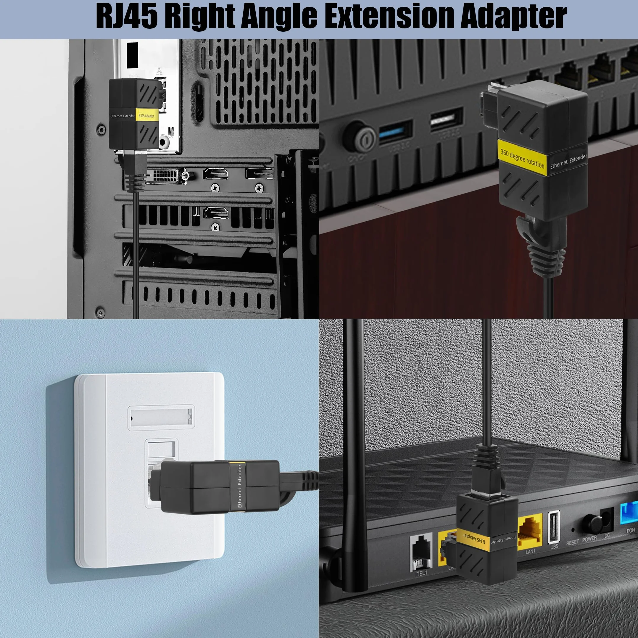 YACSEJAO 2 szt. adapter Ethernet obracany o 360°, 90 stopni kątowy adapter przedłużający Cat5/Cat6, gigabitowe złącze męskie na żeńskie RJ45