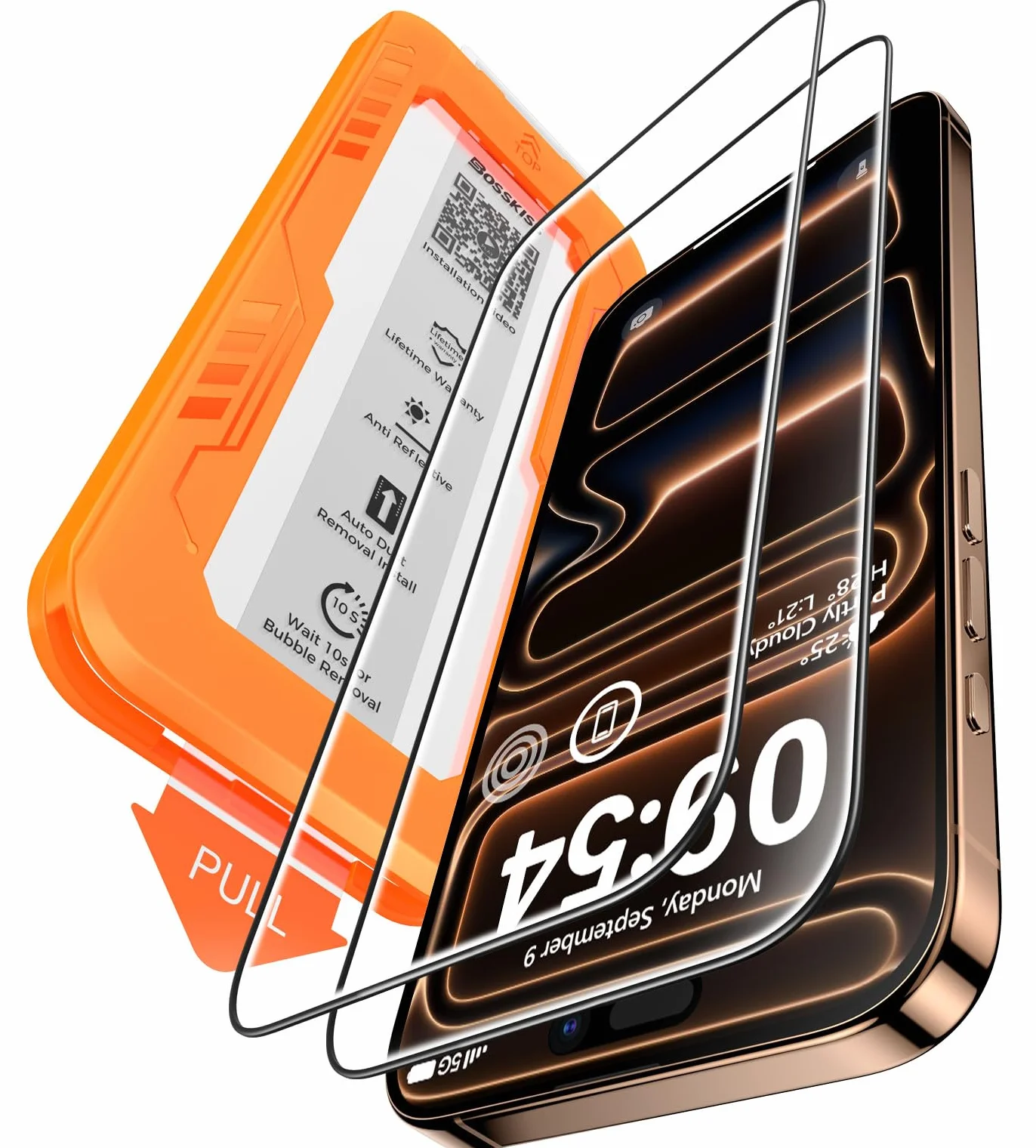 BossKiss Ochraniacz ekranu do iPhone'a 17 Pro 2-pak | 9H + szkło hartowane | 30 cm klasy wojskowej nietłukące się | pełne pokrycie | bez pęcherzyków powietrza | odporne na zarysowania | automatyczna