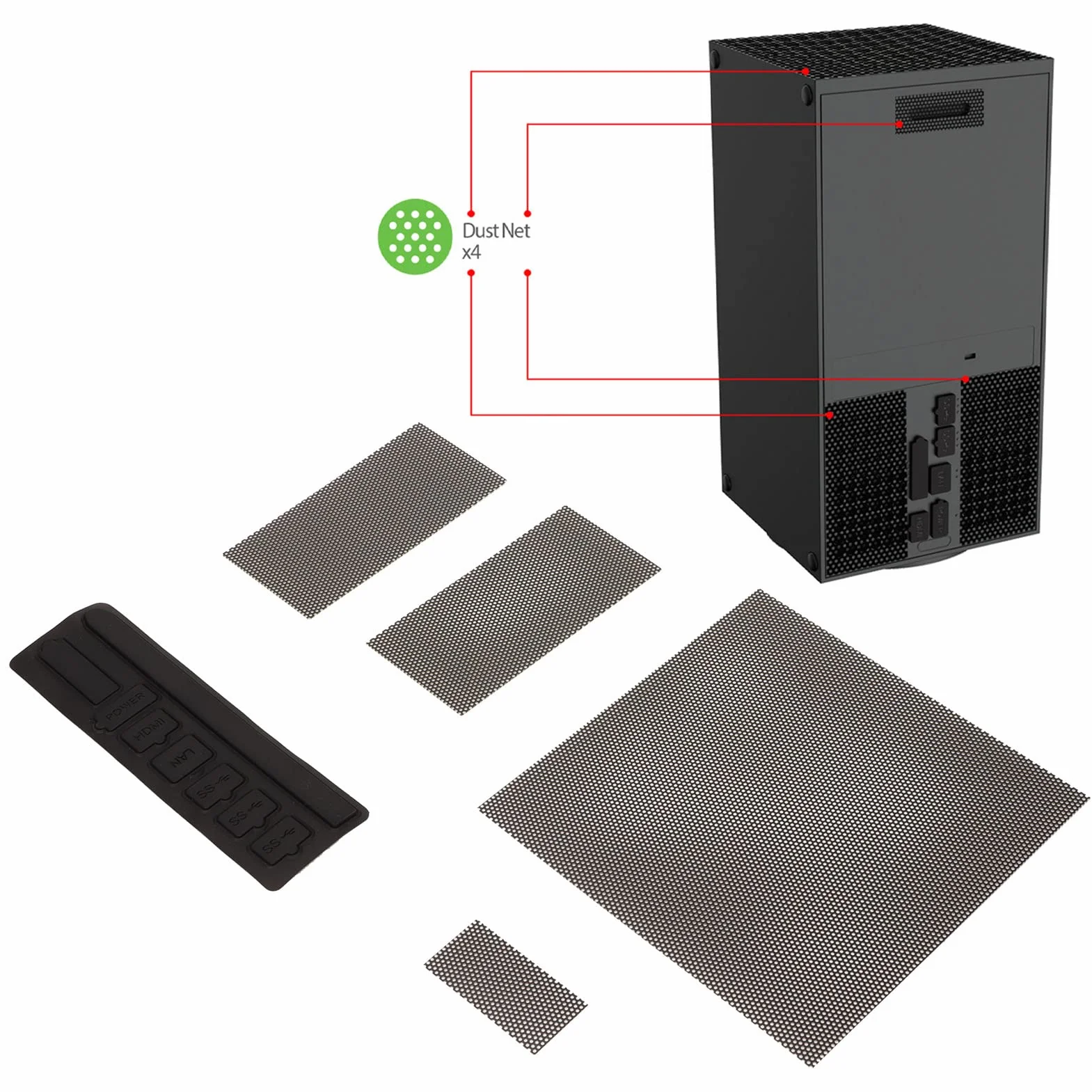 Filtr Przeciwpyłowy, Wymienny Filtr Przeciwpyłowy do Konsoli Series X, 8 Zatyczek Przeciwpyłowych, Zestaw 4 Siatek PVC, Filtr Siatkowy z Wentylowaną Osłoną Przeciwpyłową do