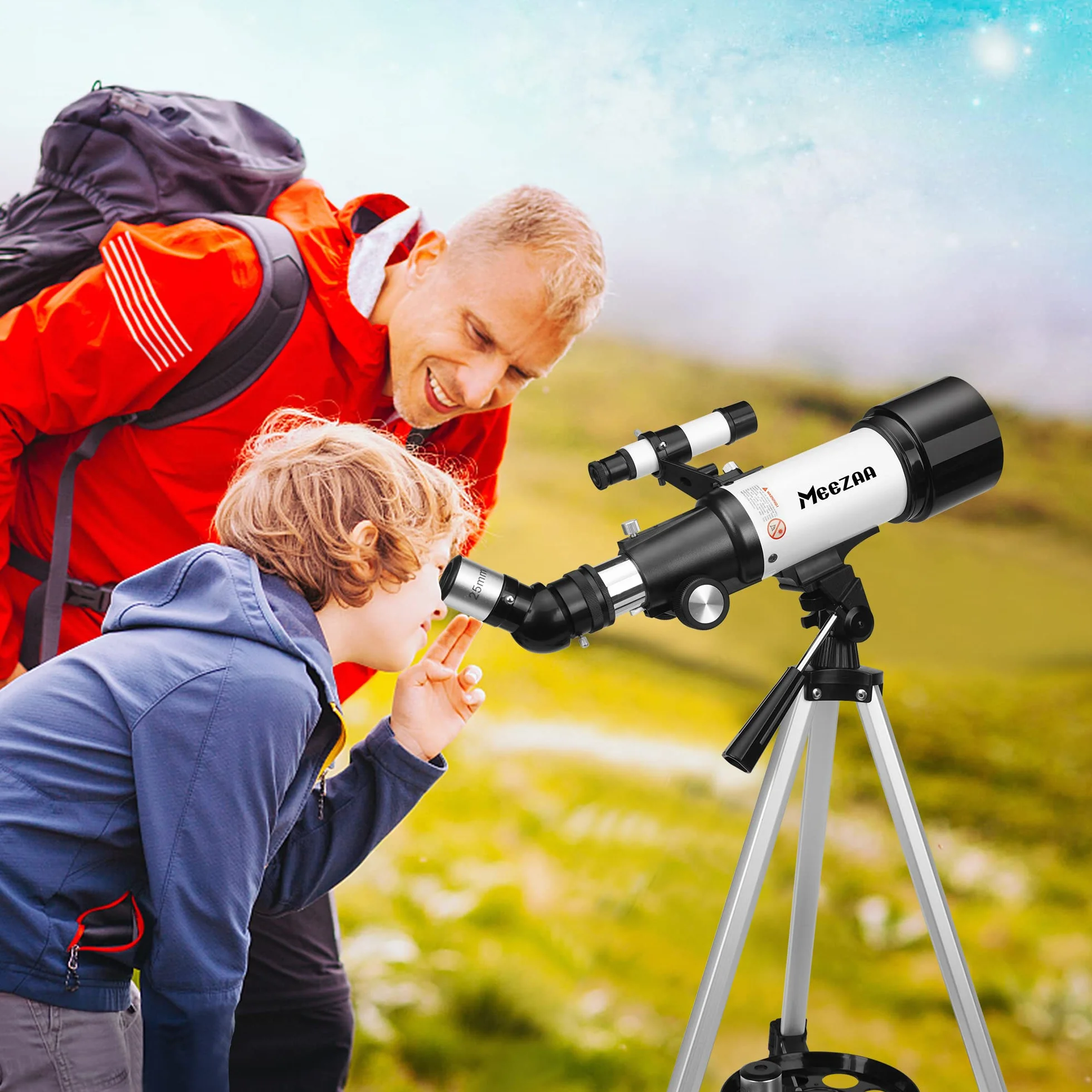 MEEZAA Teleskop dla dorosłych, otwór 70 mm i ogniskowa 400 mm, profesjonalny teleskop astronomiczny dla dzieci i początkujących, z statywem z stali nierdzewnej i adapterem do smartfona
