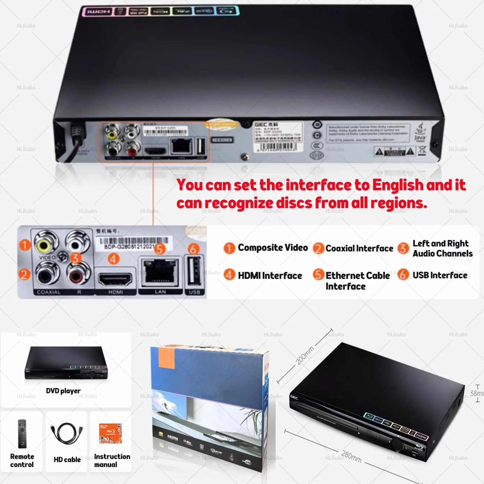 Odtwarzacz DVD, odtwarzacz Blu-ray 1080P HD, odtwarzanie płyt bez regionu, wyjście HDMI i koncentryczne, zwiększona wydajność wizualna, obsługuje formaty DVD, CD i VCD