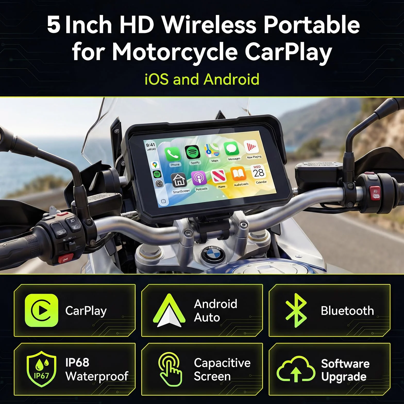 Rimoody GPS motocyklowy 5 cali z funkcją CarPlay i bezprzewodowym systemem Android Auto - wodoodporna nawigacja motocyklowa IP68, ekran dotykowy 5'', uniwersalne mocowanie fizyczne przyciski