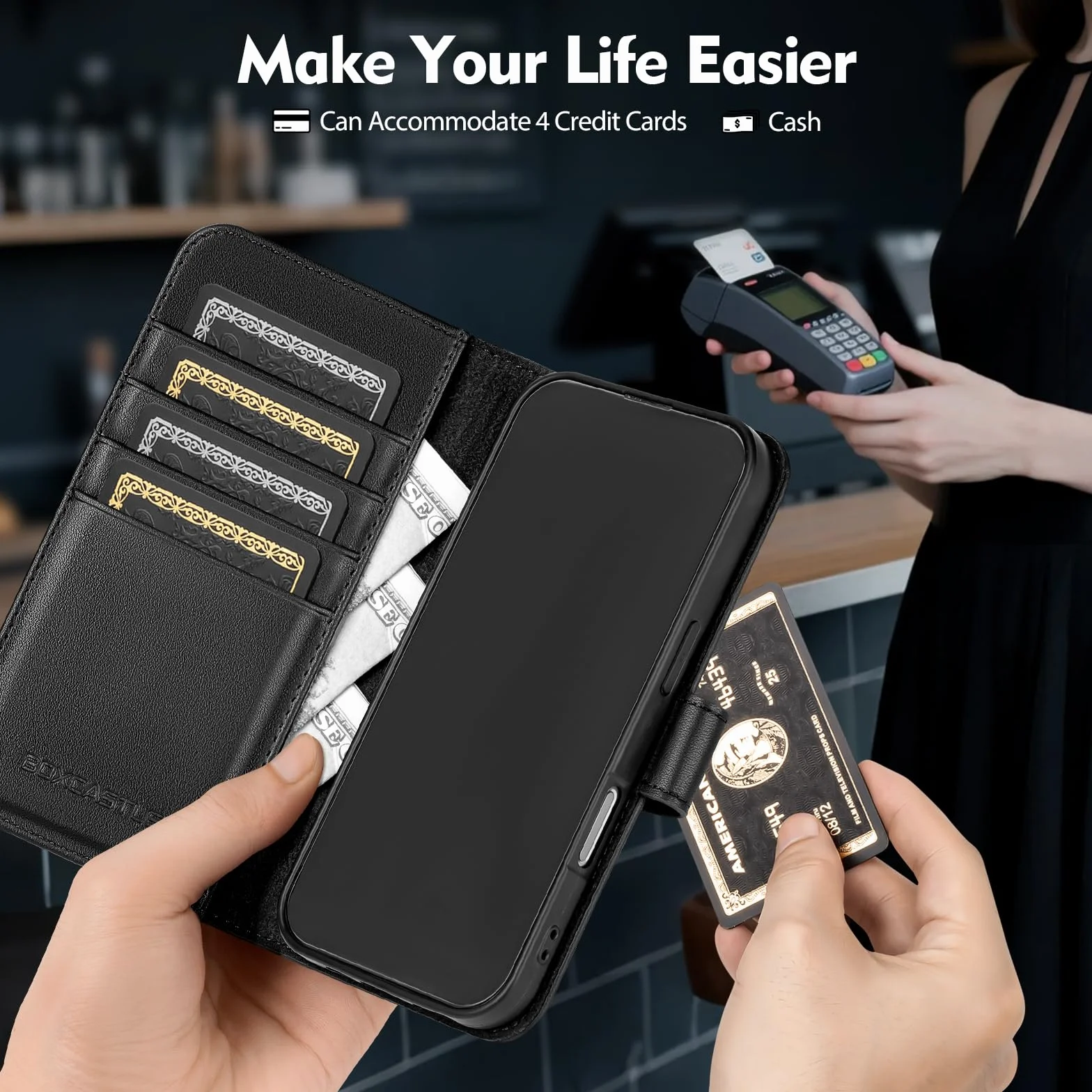 Kompatybilne z iPhone 17 Pro Max, etui z prawdziwej skóry portfel z uchwytem na karty, dla kobiet i mężczyzn, prawdziwa skóra, z klapką, blokujące RFID, przegródki na karty kredytowe, stojak