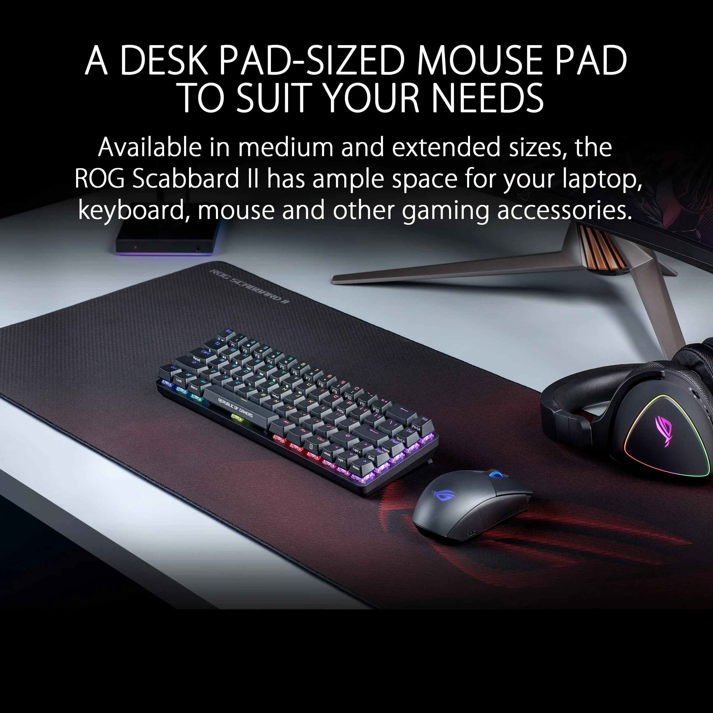 ASUS ROG Scabbard II podkładka pod mysz do gier, nanotechnologia Smooth Glide Tracking, powłoka ochronna do wody, oleju, pyłoszczelna powierzchnia, płaskie szwy antyray, antypoślizgowa gumowa podstawa