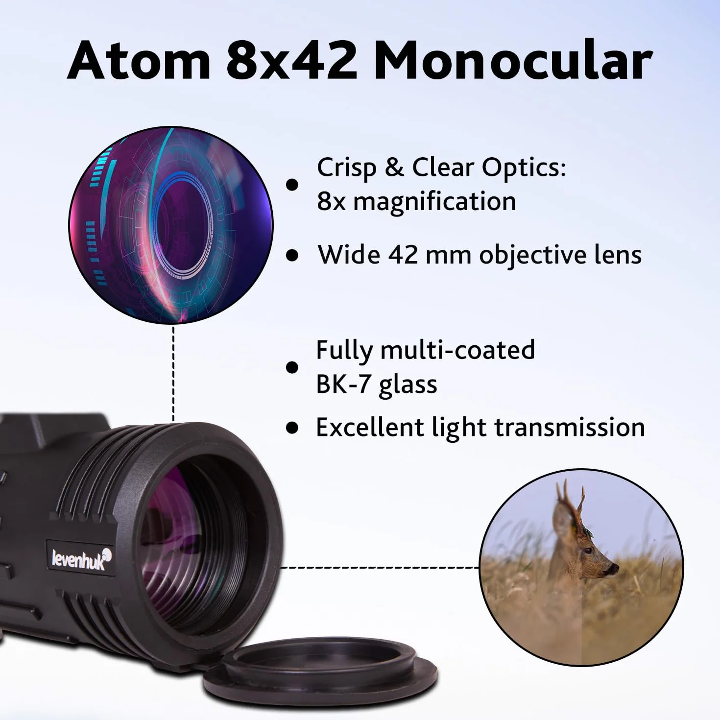 Levenhuk Atom 8x42 Monokular Przenośny, Kompatybilny ze Statywem | Kompaktowy i Lekki z Optyką BK-7, do Wędrówek, Birdwatchingu, Kempingu, Polowań i Podróży