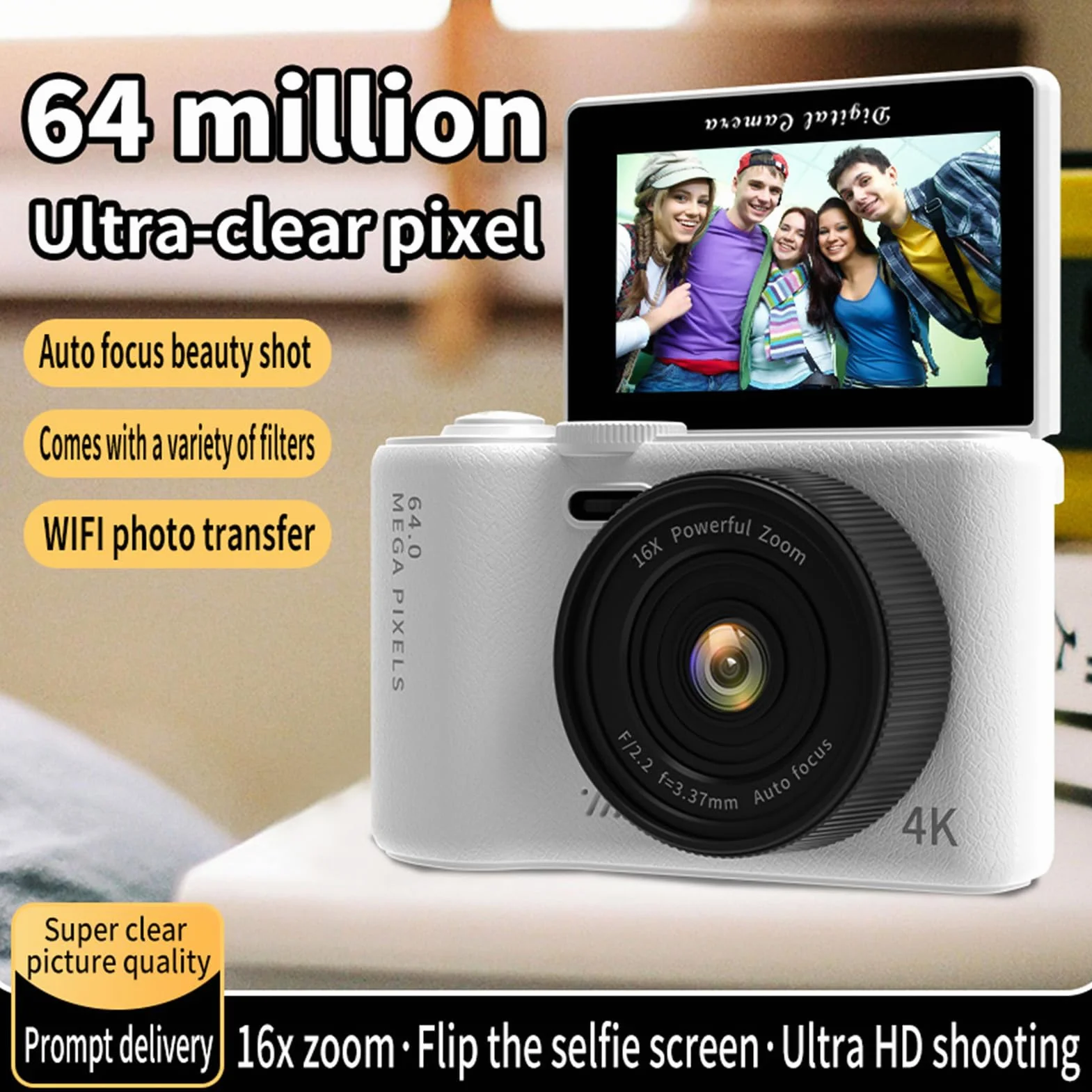 Andoer Aparat cyfrowy 4K z 3-calowym ekranem składanym, WiFi 64 MP, przenośny, kompaktowy aparat z zoomem cyfrowym 16x, karta TF 32 GB, akumulator dla nastolatków, dorosłych, początkujących, wbudowane