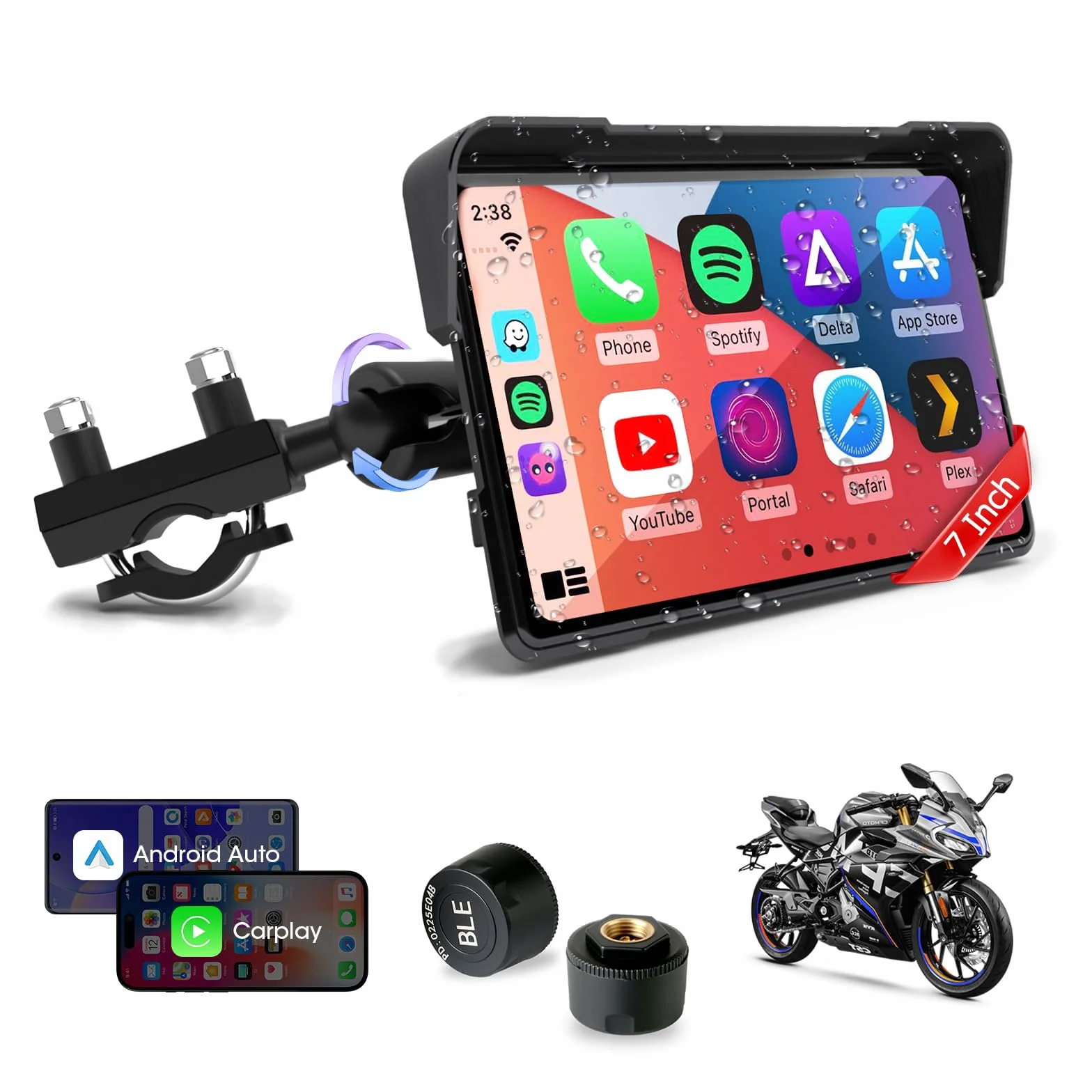 CarPlay 7-calowy wyświetlacz motocyklowy, bezprzewodowy, nawigacja z systemem Android, z kablem zasilającym USB, czujnik ciśnienia w oponach, wodoszczelność IP67, nawigacja motocyklowa, podwójny