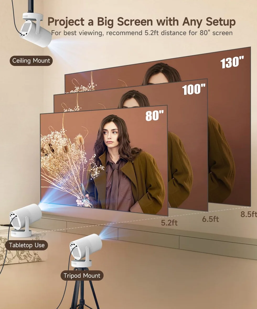 Mini rzutnik 4K, inteligentny projektor, elektryczna ostrość 5G, WiFi 6 BT 5.0, mini przenośny projektor Full HD 1080p, obsługuje 260ANSI Auto Pozioma korekcja trapezów