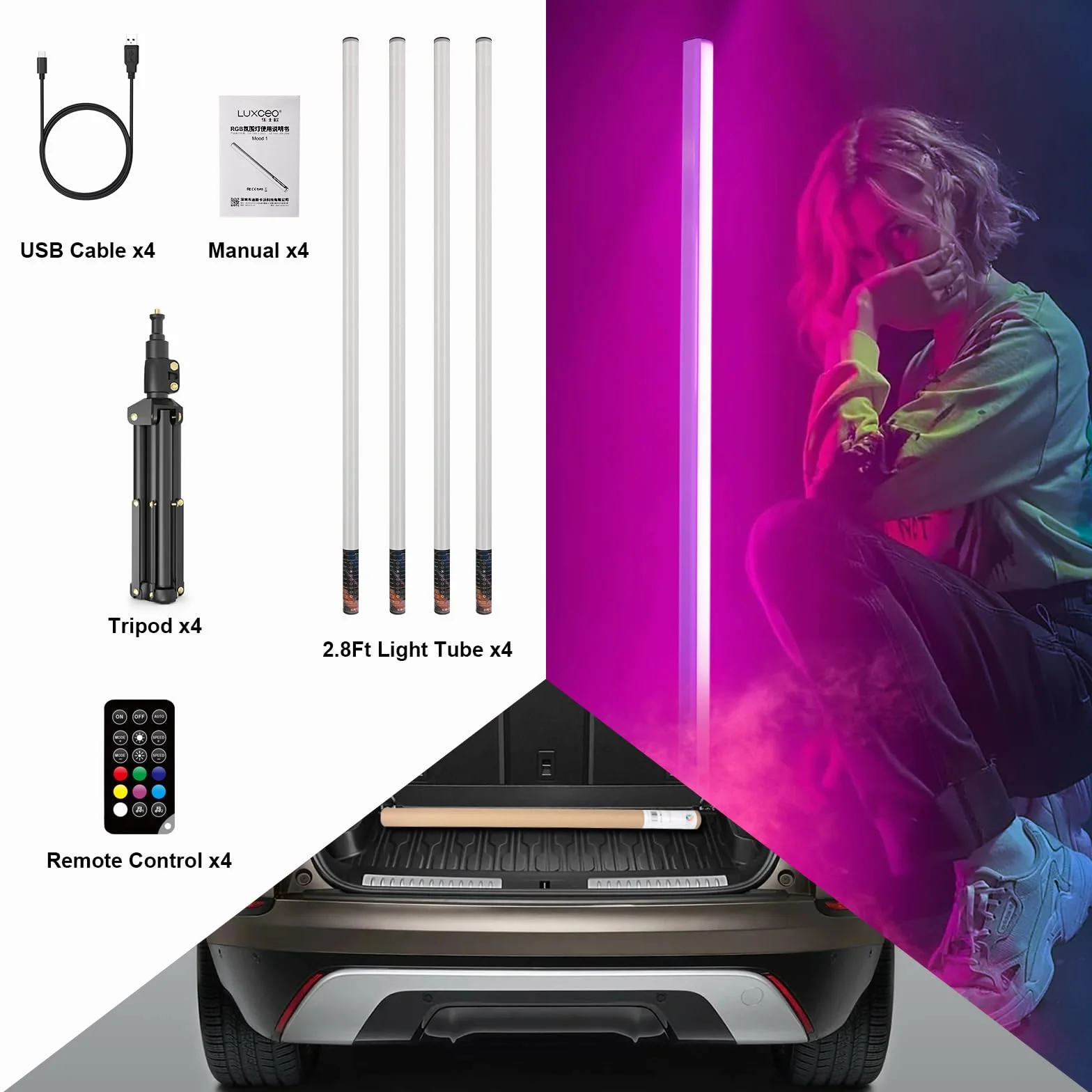 LUXCEO 4 sztuki 85 cm LED kijek świetlny Mood1 ze statywem, fotografia ręczna LED, możliwość przyciemniania światła i pamięci, wbudowany akumulator, lampa fotograficzna RGB do YouTube, TikTok