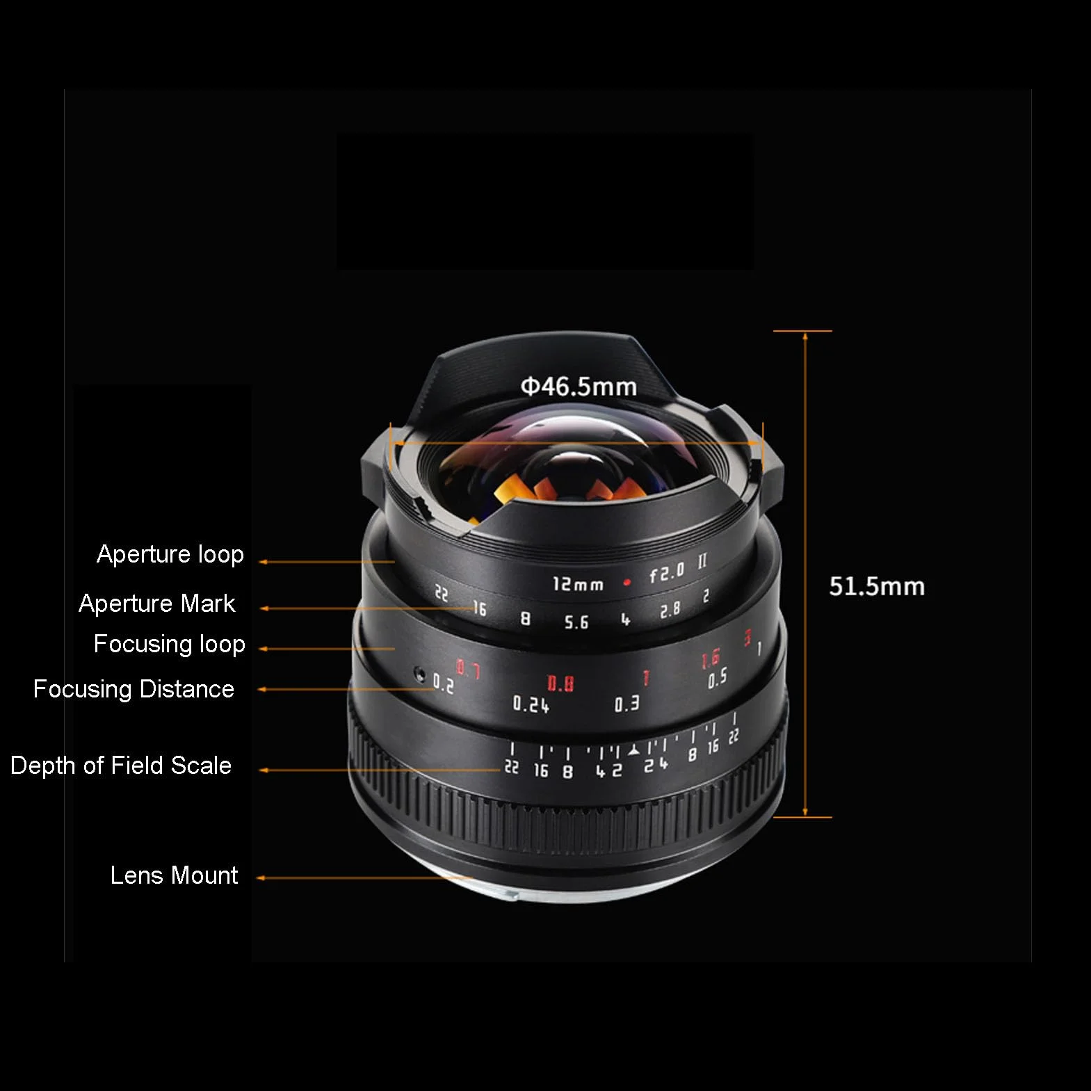 Fabater Obiektyw Stałoogniskowy 12 Mm F2.0 z ręczną regulacją Ostrości Prime APS-C Pasuje do Kamer z Mocowaniem M4/3 do G1 G2 G3 G5 G6 GF8 GF9 GH5 GH6, M1, M2 E-P1, E-P2, E-P3, Wydajność (BLACK)