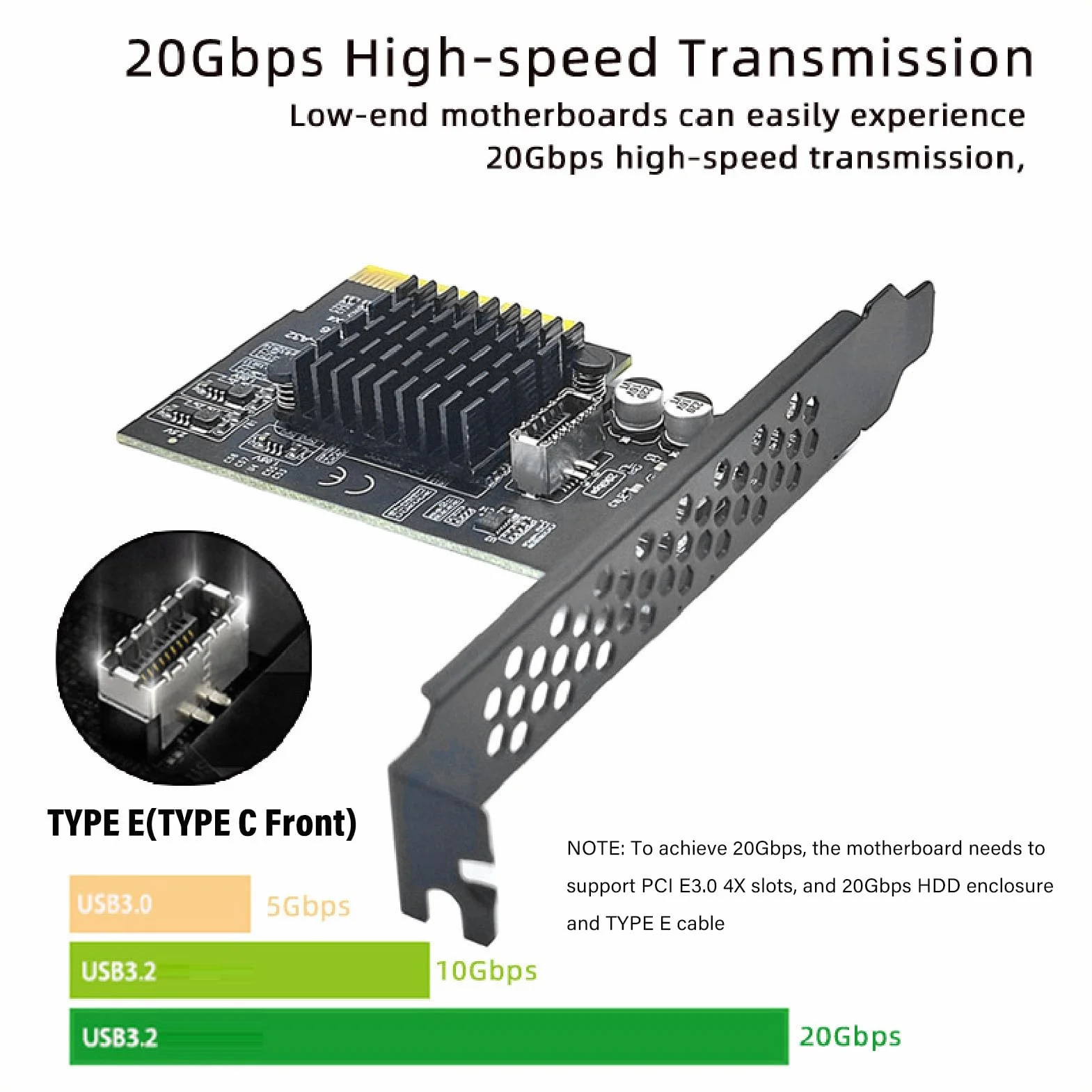 Karta rozszerzeń PCIE na USB 3.2 Gen 2, karta USB3.2 GEN2x2 20Gbps TYPE-C TYPE E Front/A KEY, do ASMedia ASM3242, karta PCI Express USB do komputera stacjonarnego, dla 10