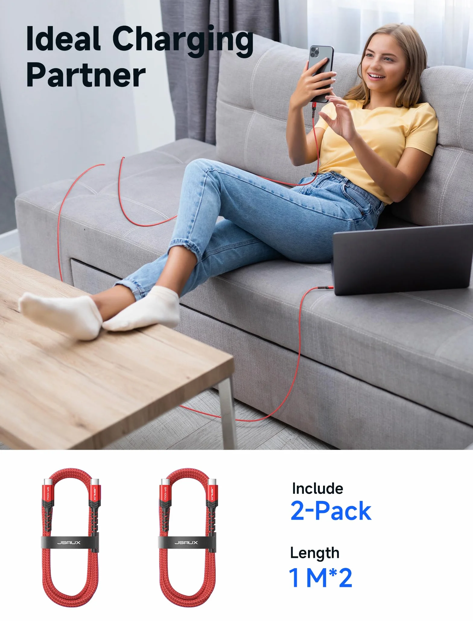 JSAUX Kabel USB C-USB C (2 szt., 1m+1m) 100W/5A, ładujący/szybki ład., kompatybilny z Nintendo Switch 2, iPhone 16/15 Pro Max, Samsung Galaxy S25/S24/A54, MacBook, iPad Pro Air – czerwony
