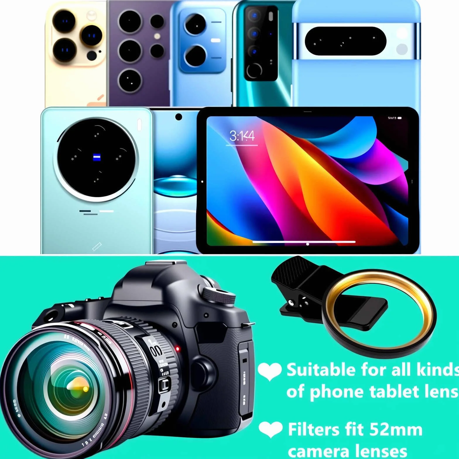 Zmienny filtr ND2-ND400 do telefonów 52 mm dla iPhone'a, Samsunga i innych smartfonów, adapter z klipsem, dwustronne szkło optyczne HD SLR, akcesoria do obiektywów telefonów