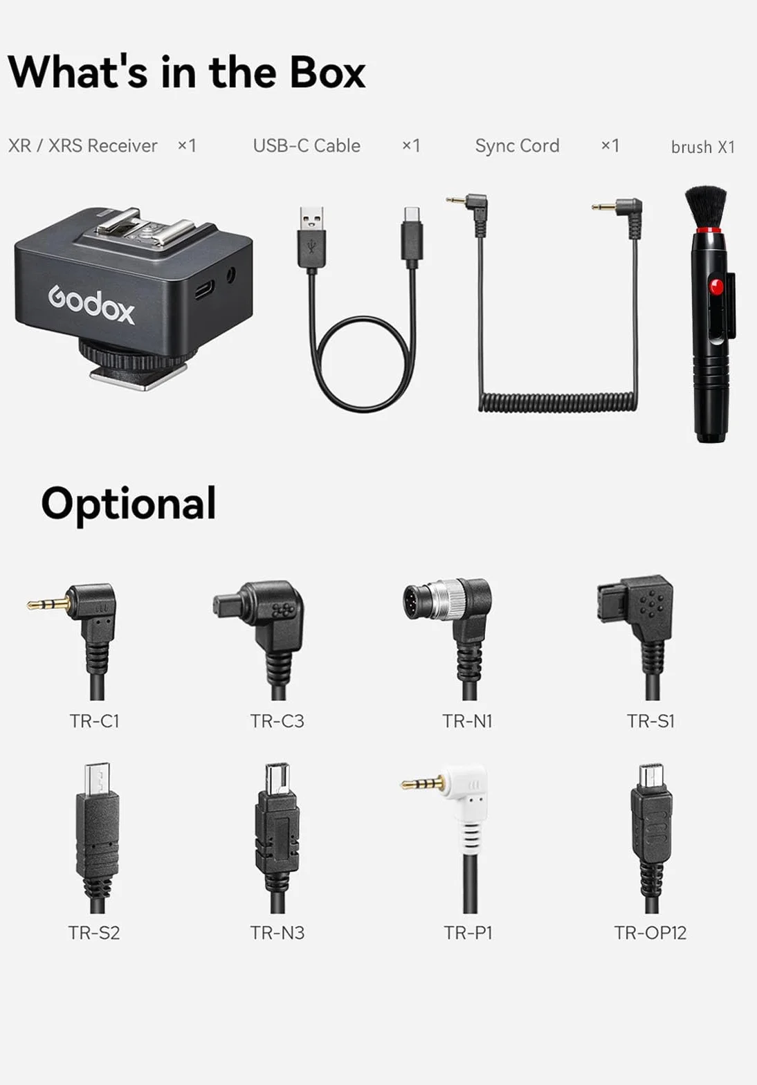 Godox XR TTL Odbiornik bezprzewodowy dla Canon i Nikon, system X 2,4 GHz, zintegrowana bateria litowa, ulepszony wyświetlacz LCD, bezprzewodowa kontrola spustu, kabel synchronizacyjny i kabel USB-C