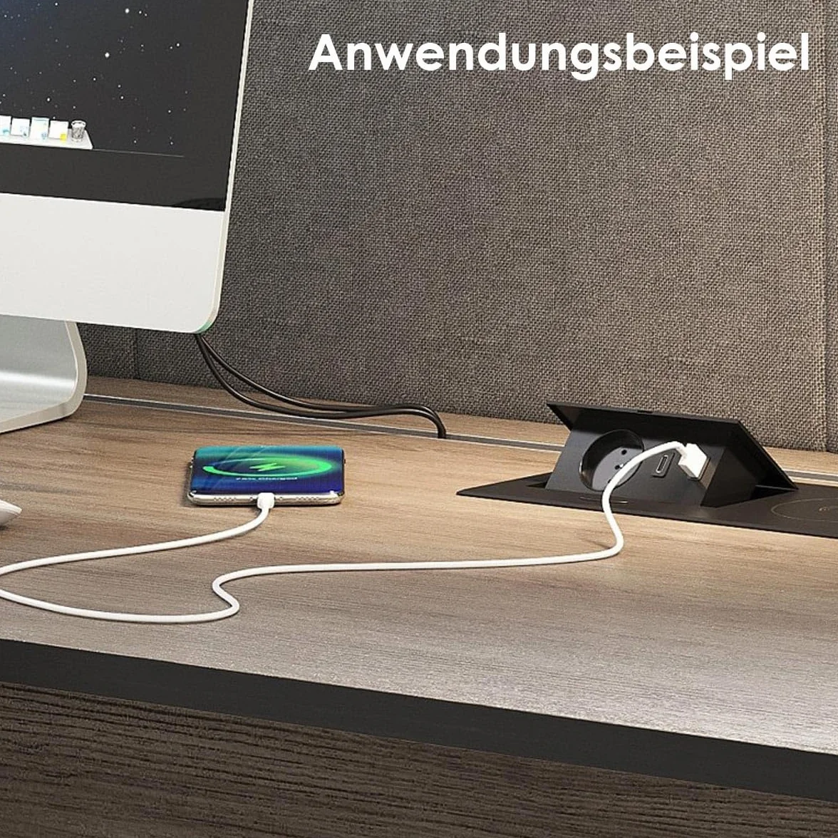Stołowe gniazdko do zabudowy "ZEOBOX", 1-drożne, 2 x USB, ładowarka Qi, 1 x USB-A i 1 x USB-C, z kablem przyłączeniowym 1,5 m do 230 V