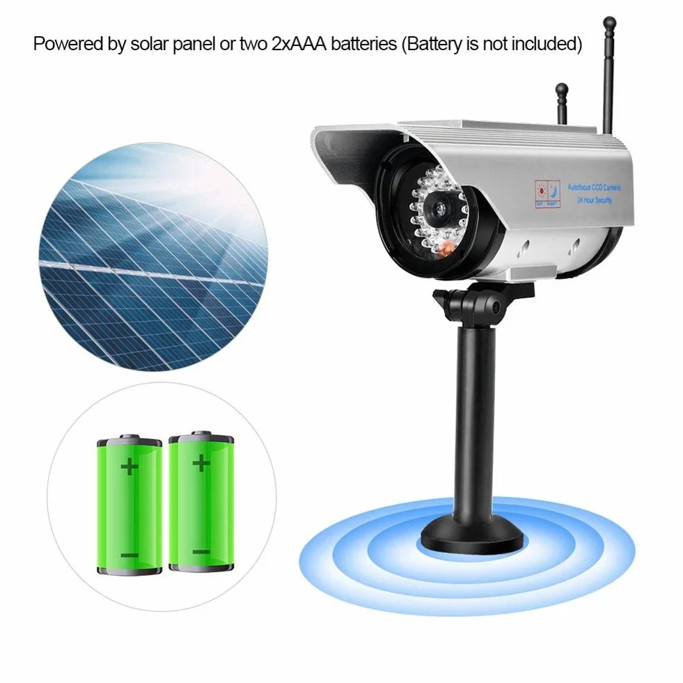 Fake Camera, srebrny solarny i zasilany bateriami, migający wyświetlacz LED, wodoszczelny, łatwy w instalacji aparat Fake