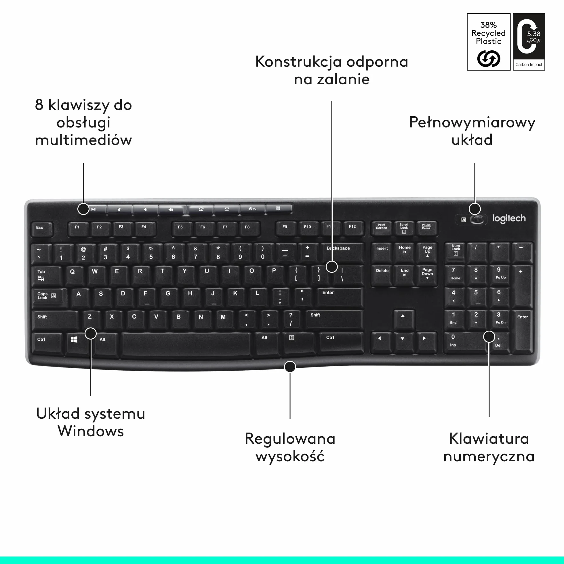 Logitech K270 Klawiatura Bezprzewodowa 2.4 GHz, pełnowymiarowa, 8 klawiszy multimedialnych, 2 lata pracy na baterii, zgodna z komputerem PC/laptopem z Windows, QWERTY układ US international - Czarny