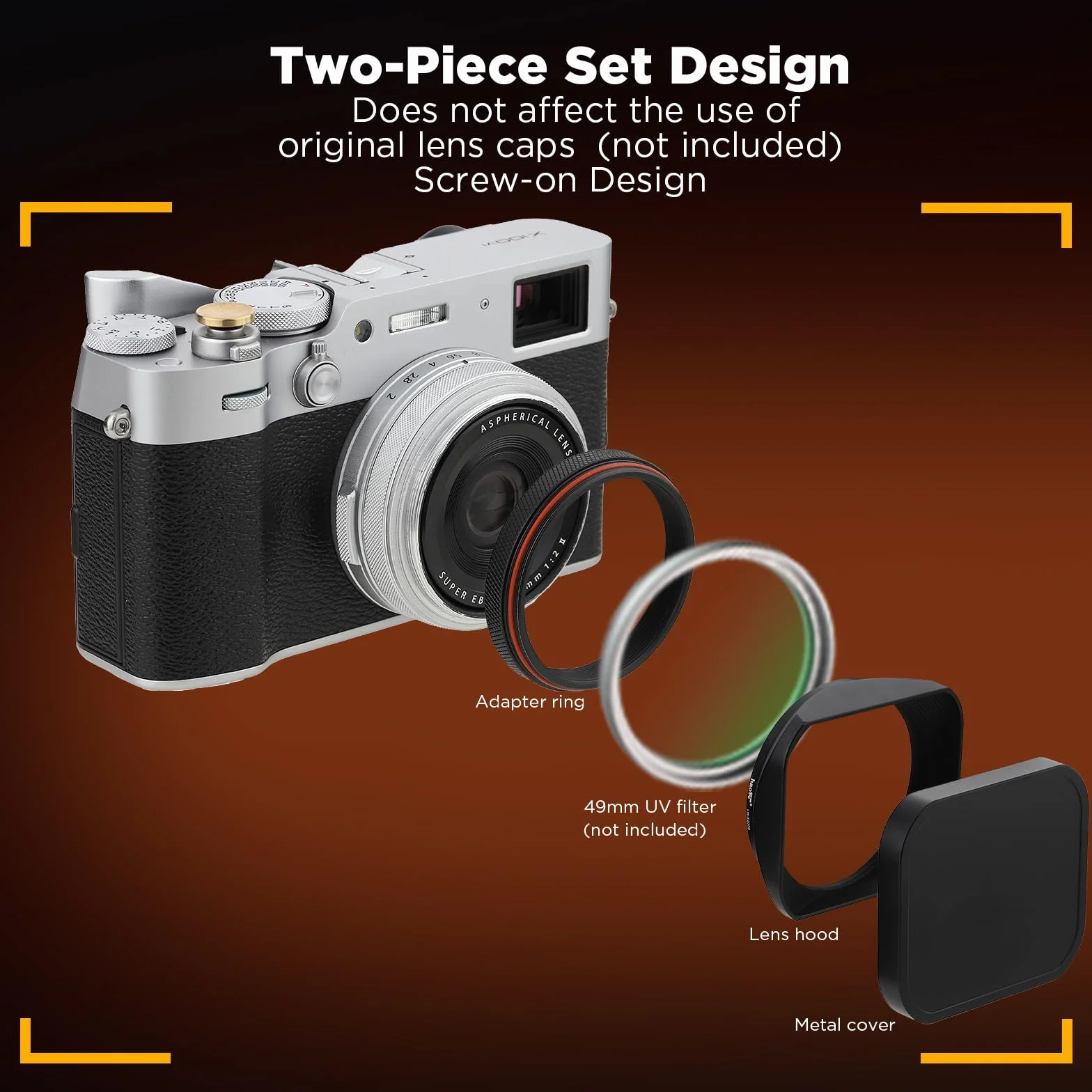Metalowa kwadratowa osłona obiektywu do aparatu Fujifilm X100VI x100v Fuji akcesoria Haoge LH-X200B z pierścieniem adaptera filtra UV 49 mm i metalowym zestawem nasadek czarna