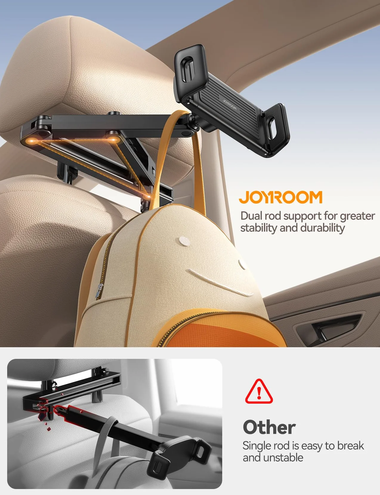 JOYROOM Samochodowy uchwyt na tablet [stabilizująca trójkątna struktura] uchwyt samochodowy na iPad z podwójnym stelażem, składane ramię, uchwyt na tablet i zagłówek samochodowy do iPada/Switch