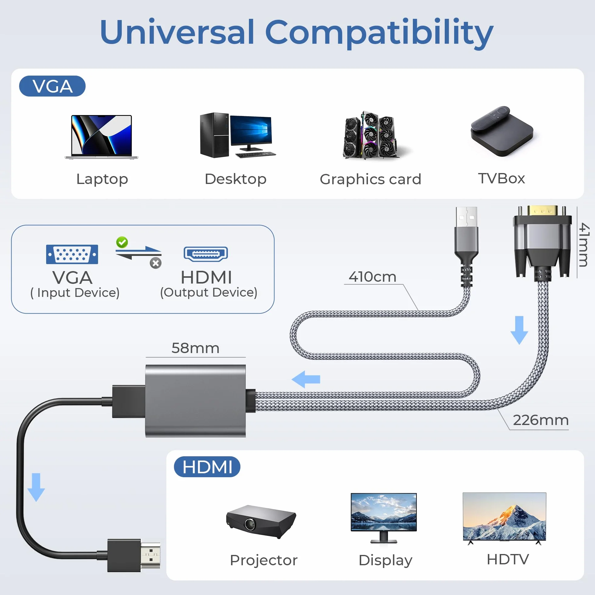 Elebase Adapter VGA na HDMI 1080P konwerter kabla z audio męski VGA żeński HDMI