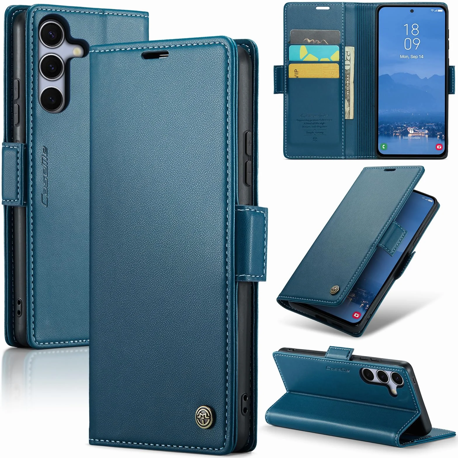 Etui do Samsung Galaxy S25 FE, wysokiej jakości skóra PU etui z klapką pokrowiec na telefon，ochrona RFID, z podpórką przegródkami na karty, odporne na wstrząsy Case, Niebieski