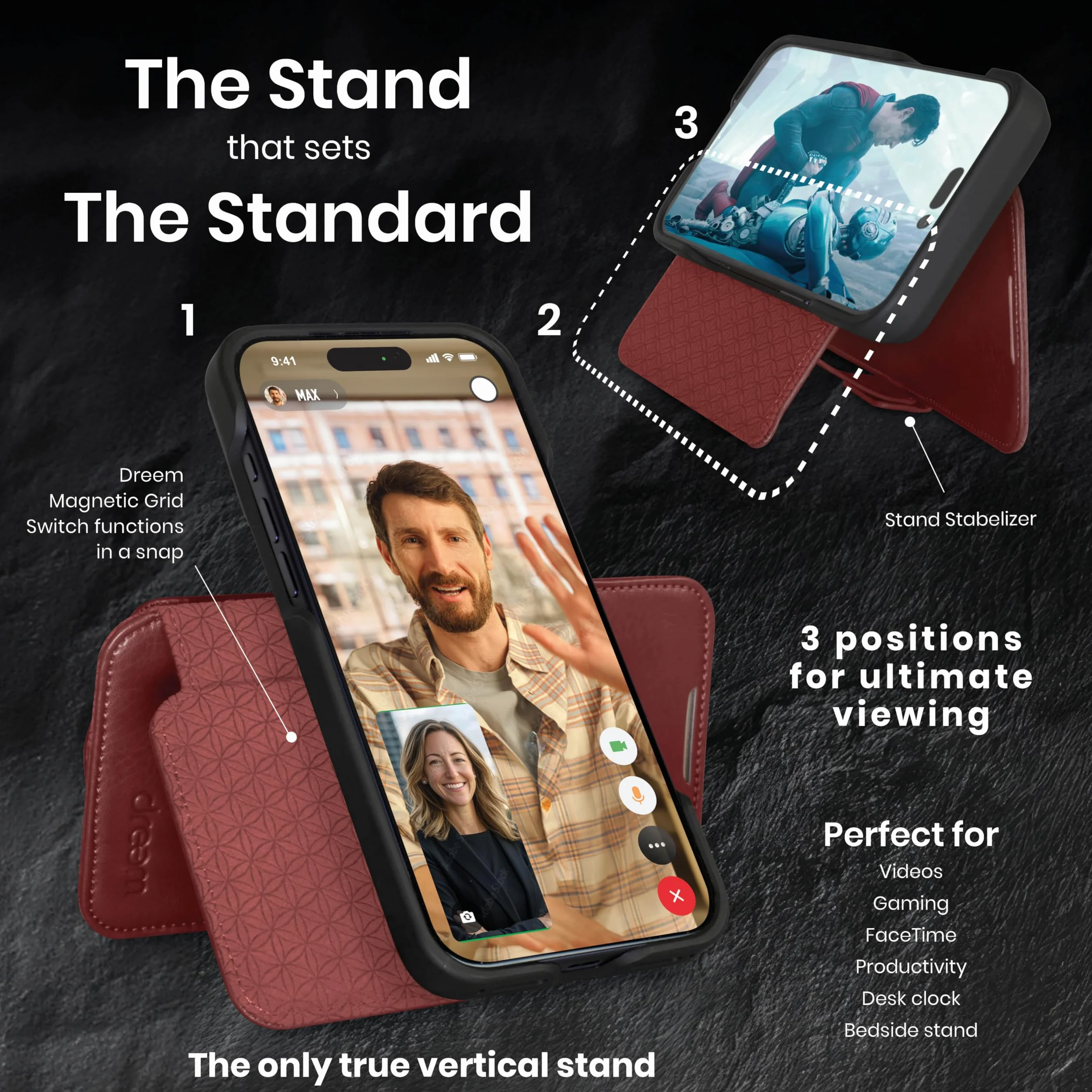dreem Etui z portfelem do iPhone'a 17 Pro Max, rewolucyjny stojak na telefon, wegańska skóra, magSafe-Fit, magnetyczne odpinane etui z klapką, uchwyt na kartę blokującą RFID, pudełko prezentowe