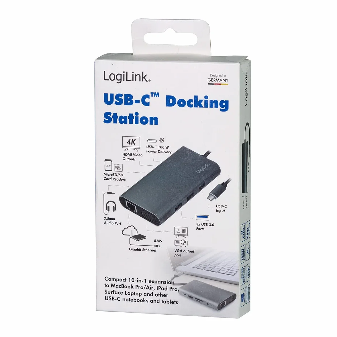 LogiLink UA0383 - USB 3.2 (Gen 1) stacja dokująca z 10 portami i PD (Power Delivery) 100 W, 1 x USB-C (PD) / 3 X USB 3.0/1 x HDMI / 1 x VGA / 1 x RJ45 / 1 x microSD / 1 x SD / 1 x 3,5 mm