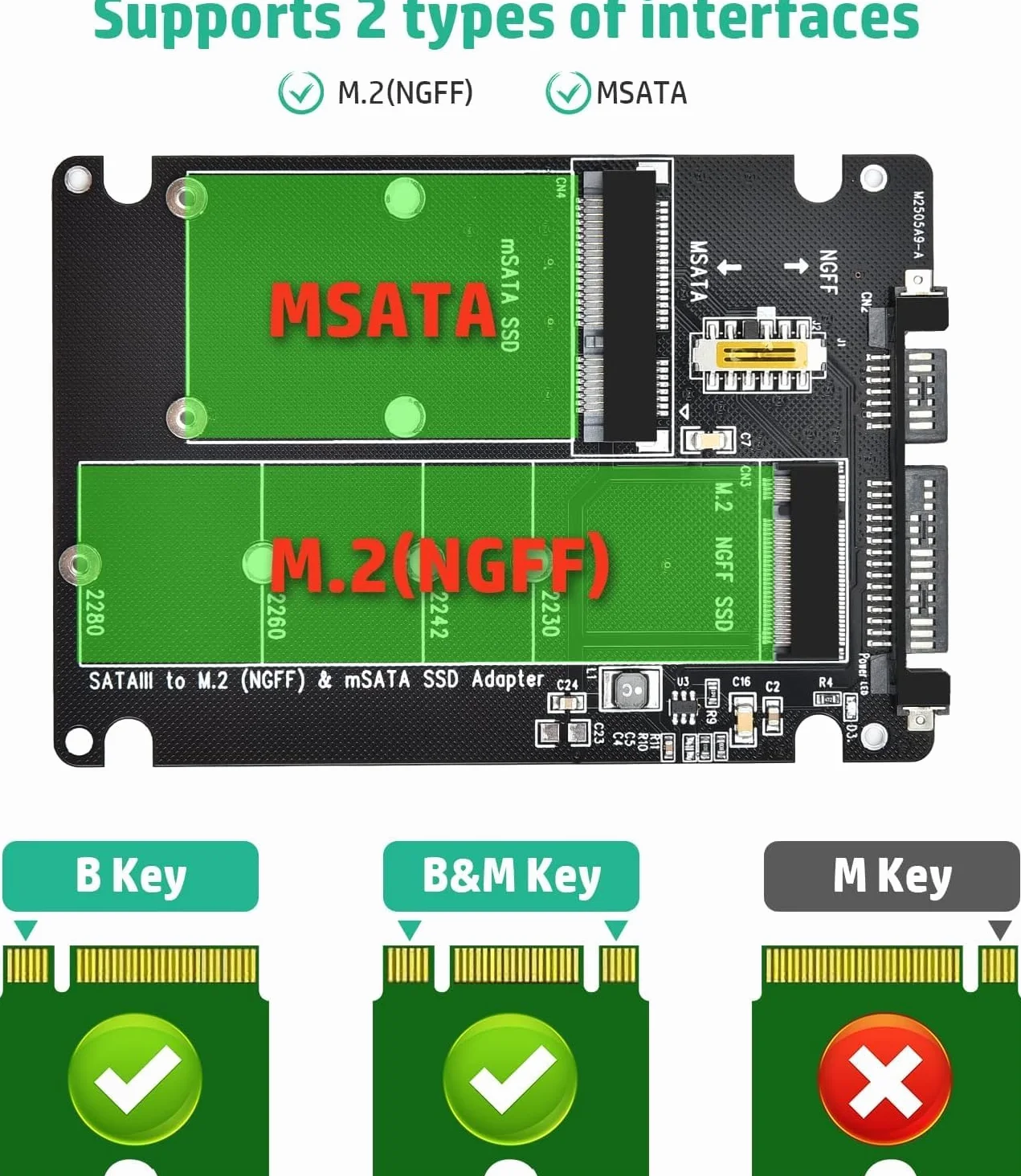 ELUTENG Adapter M.2 NGFF/mSATA 2,5" SATA III, 2 w 1 konwerter do MSATA i B Key/B&M NGFF SSD klucza (NIE obsługuje NVMe/PCIe ani M-Key)