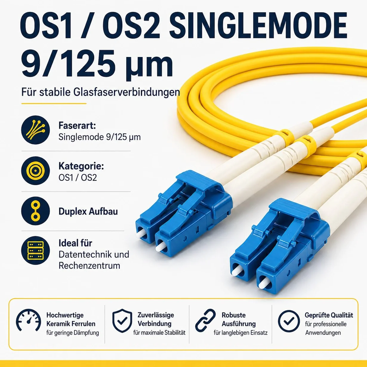 1aTTack.de 1 x 20 m OS1 / OS2 LWL DX DUPLEX kabel krosowy LC/UPC - LC/UPC SM SINGLEMODE - 9/125 µm LSZH żółty