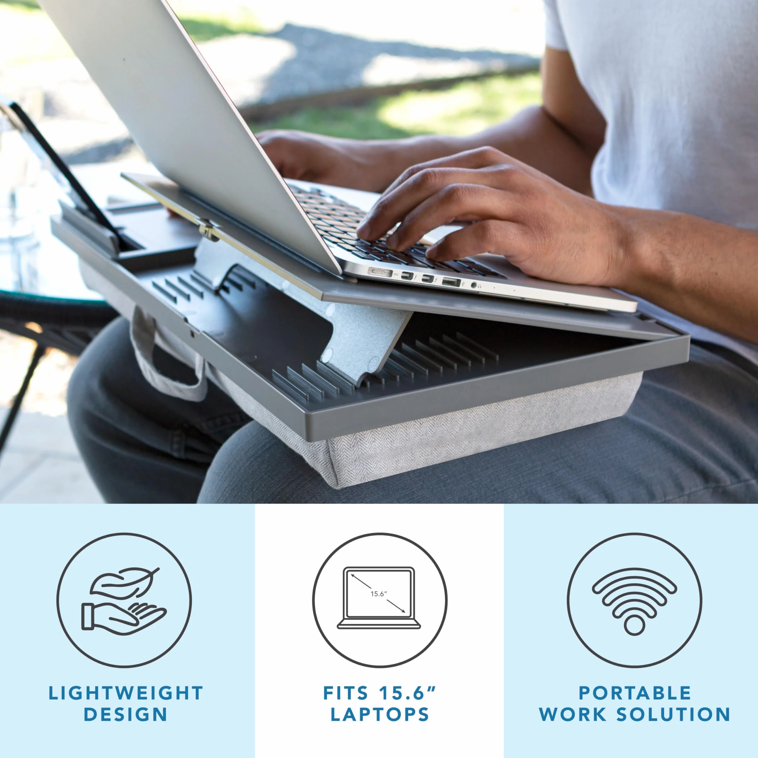 LAPGEAR Ergo Pro biurko na kolana z 20 regulowanymi kątami, podkładka pod mysz i uchwyt na telefon, szare, pasuje do laptopów o przekątnej ekranu do 15,6 cala i większości tabletów - styl nr 49405