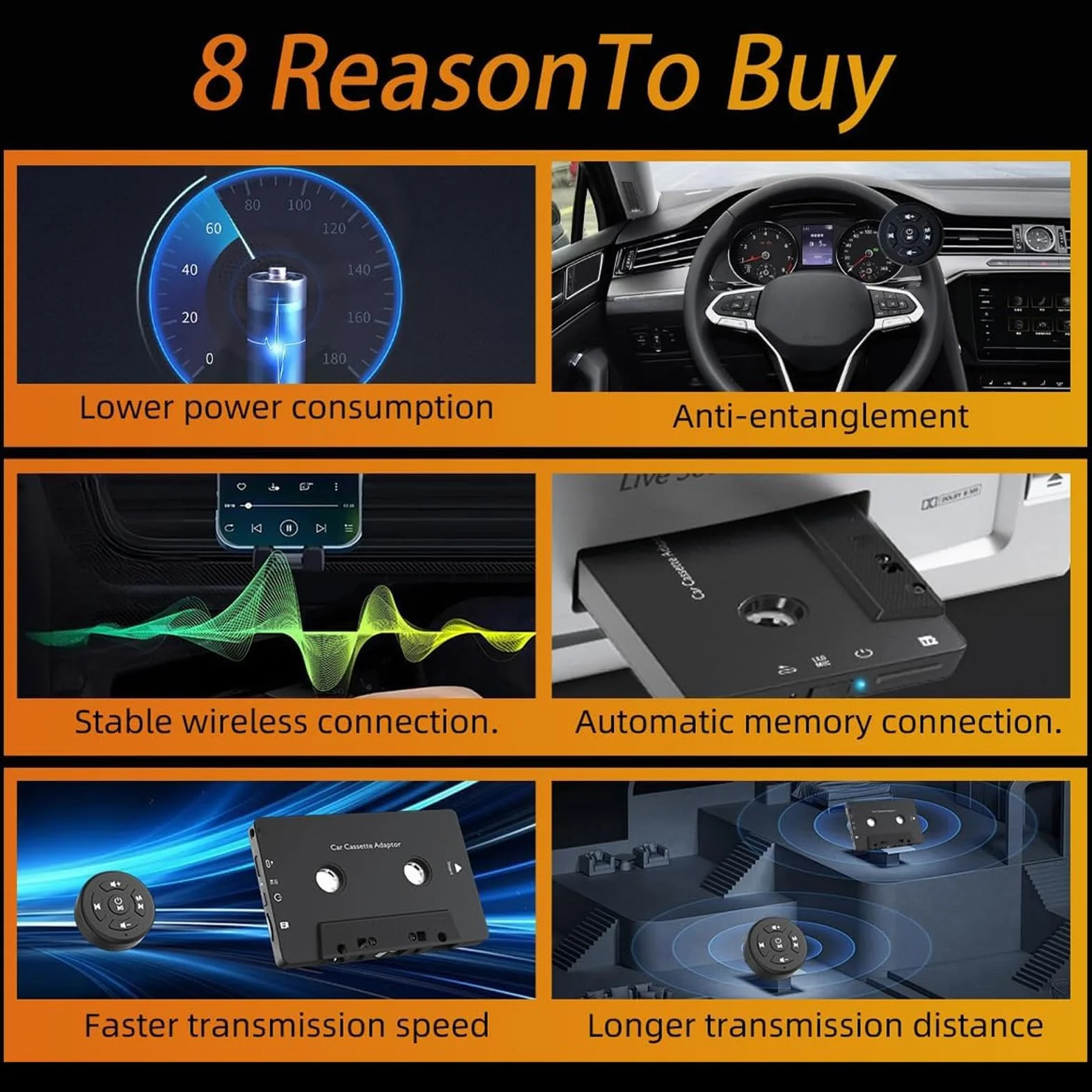 Asixxsix Car Audio Odbiornik Kasetowy Bluetooth 5.4, Bezprzewodowy Adapter Kasetowy Aux z Pilotem na Kierownicy, do Smartfonów, Tabletów, Karty MP3 TF