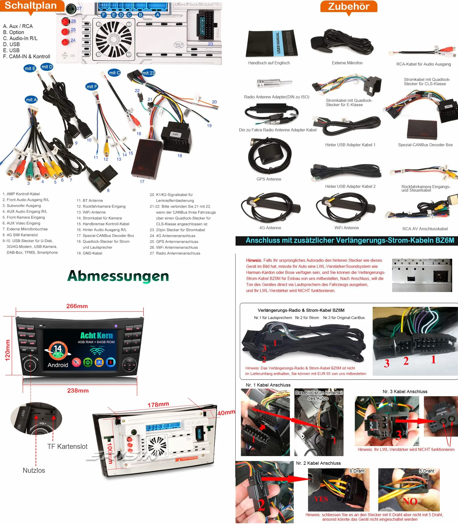 Erisin 8-rdzeniowy 4 GB + 64 GB 7 cali Android 14 radio samochodowe Nawigator GPS do Mercedes Klasy E W211 CLS W219 CarPlay bezprzewodowy Android Auto Bluetooth 5.0 WiFi DSP Dab+ FM RDS ekran dotykowy