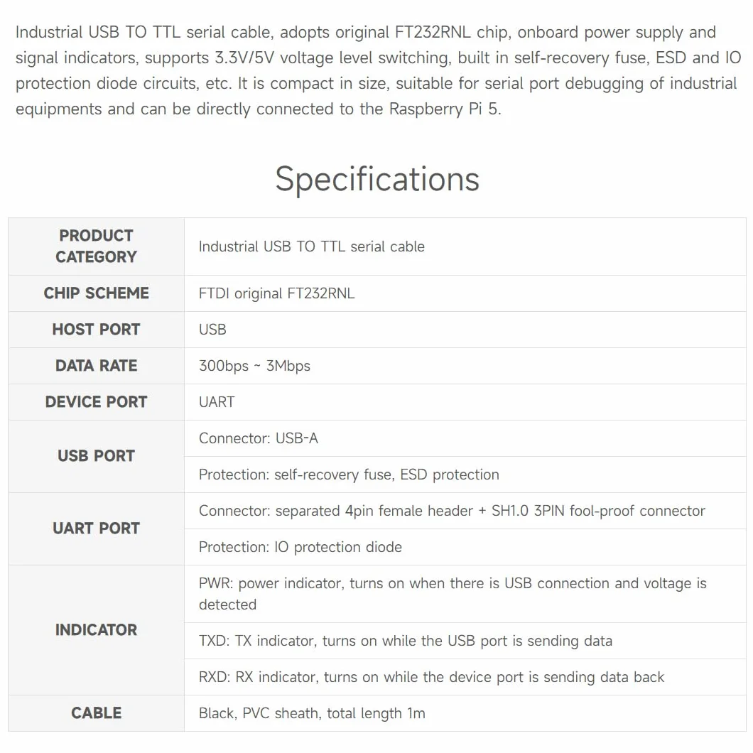 Waveshare Industrial USB TO TTL (D) Serial Cable, FT232RNL Chip, Multi Protection Circuits, for Win7/8/10/11/Mac/Linux, With 4pin Header+SH1.0 3PIN Connector, For Raspberry Pi 5 Serial Port Debugging