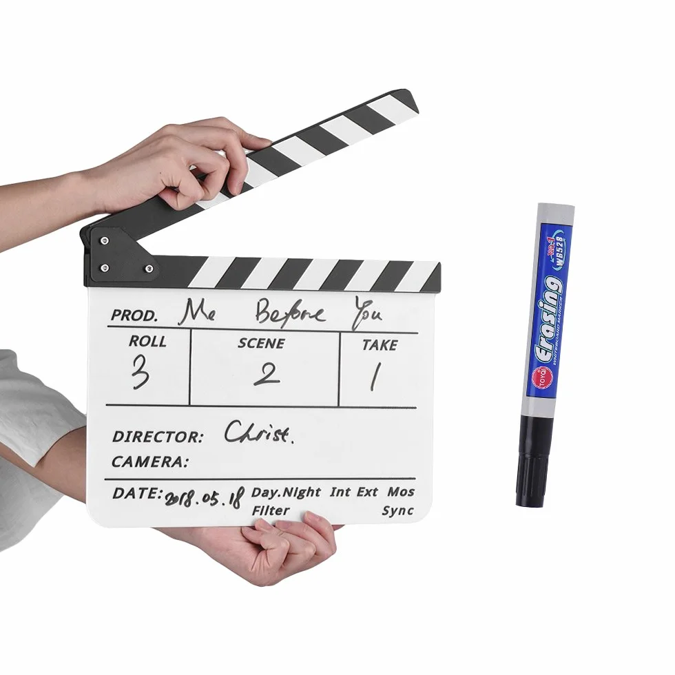 Wakects Profesjonalna Akrylowa Klapsa Clapperboard z Pisakiem i Gumką do Filmów Telewizji Reklam (Biały i czarny kij)