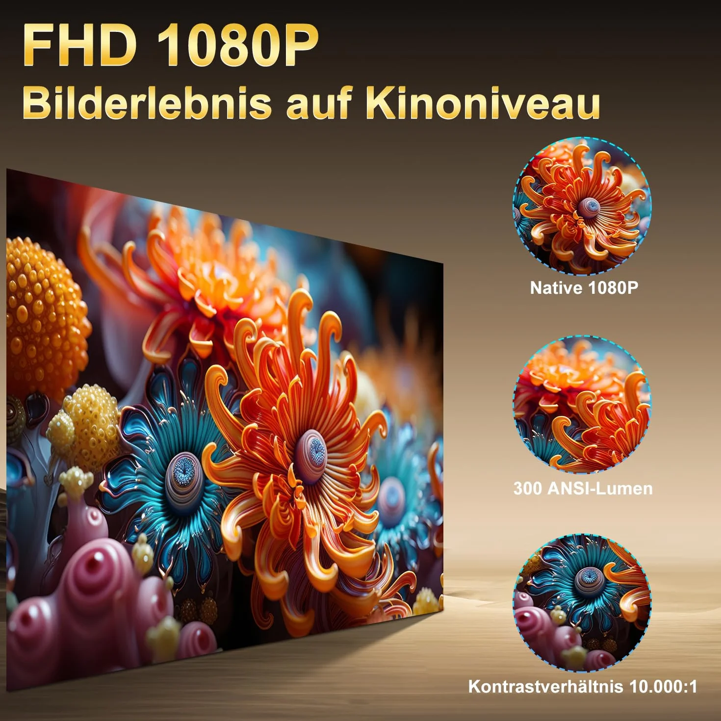 Smart Beamer, 4K FHD 1080p, przenośny projektor wideo, WiFi 6 i BT5.4, autofokus, automatyczny keystone, mini projektor z systemem Android 14.0, kino domowe, regulowana podstawka 180°, biały
